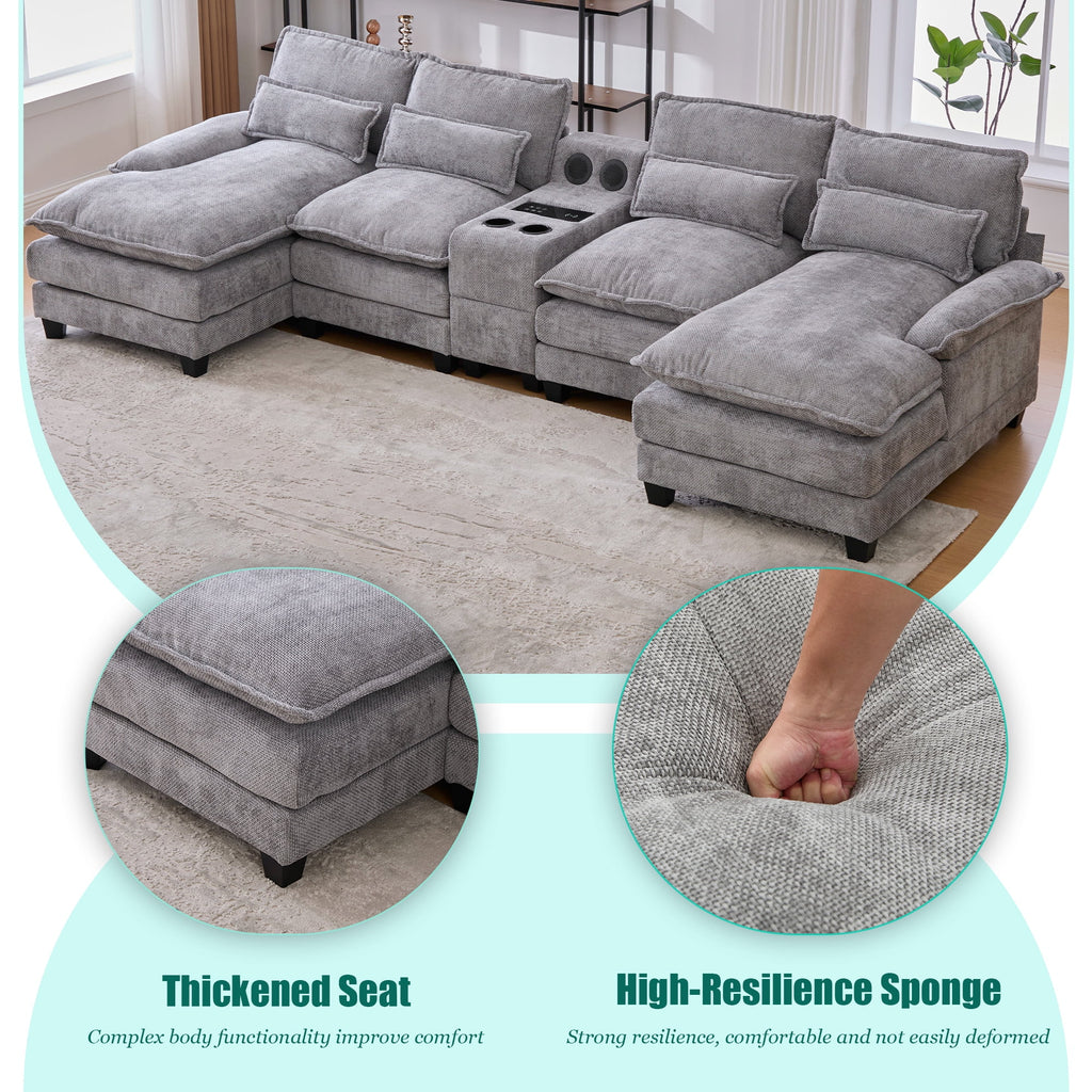 Villeston 126.77 U-Shaped Cloud Sofa With Chaise Lounge, Chenille Sofa With Wireless Charging, Bluetooth Speaker, Two Cup Holders, Storage Drawer, Suitable For Living Room,Gray