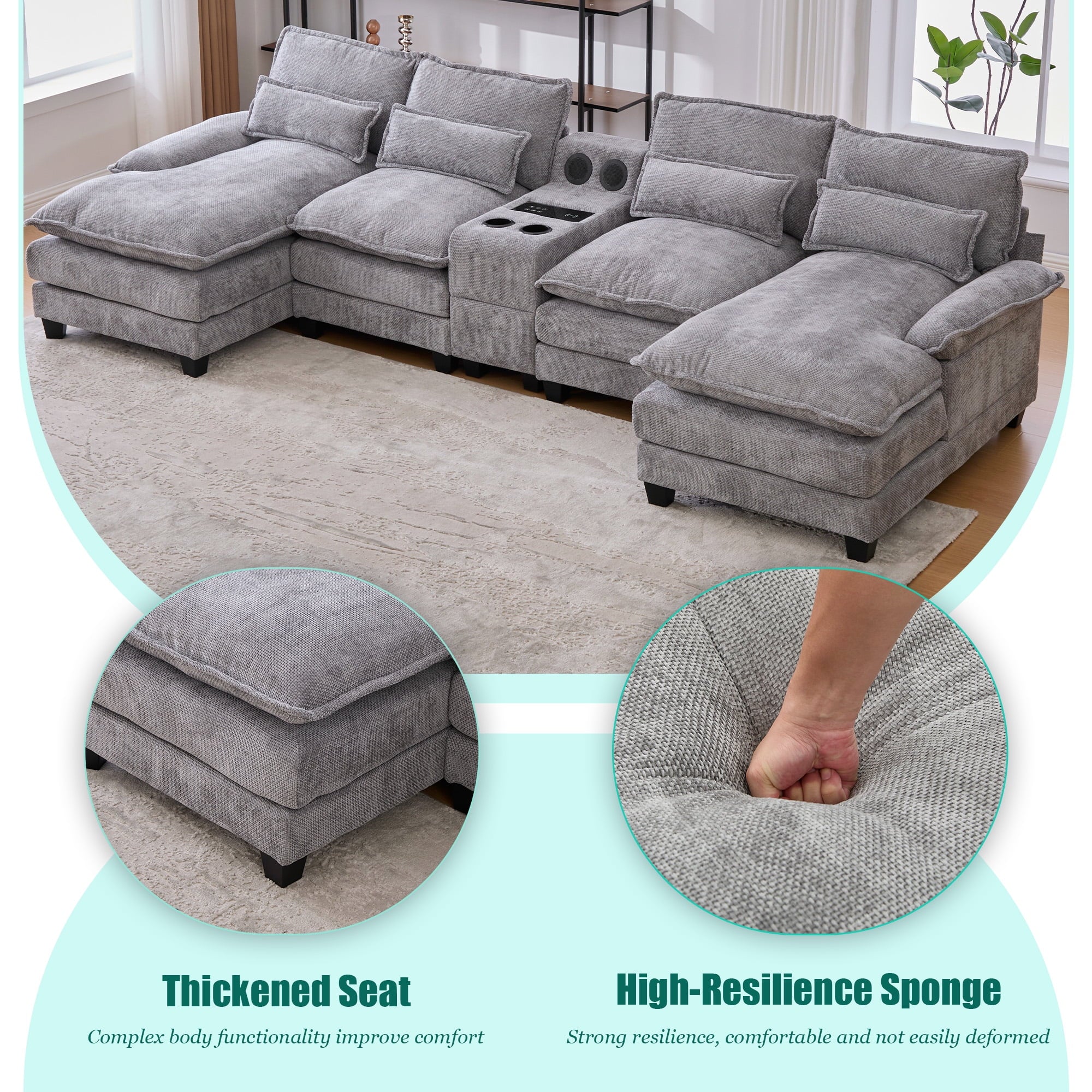 Villeston 126.77 U-Shaped Cloud Sofa With Chaise Lounge, Chenille Sofa With Wireless Charging, Bluetooth Speaker, Two Cup Holders, Storage Drawer, Suitable For Living Room,Gray