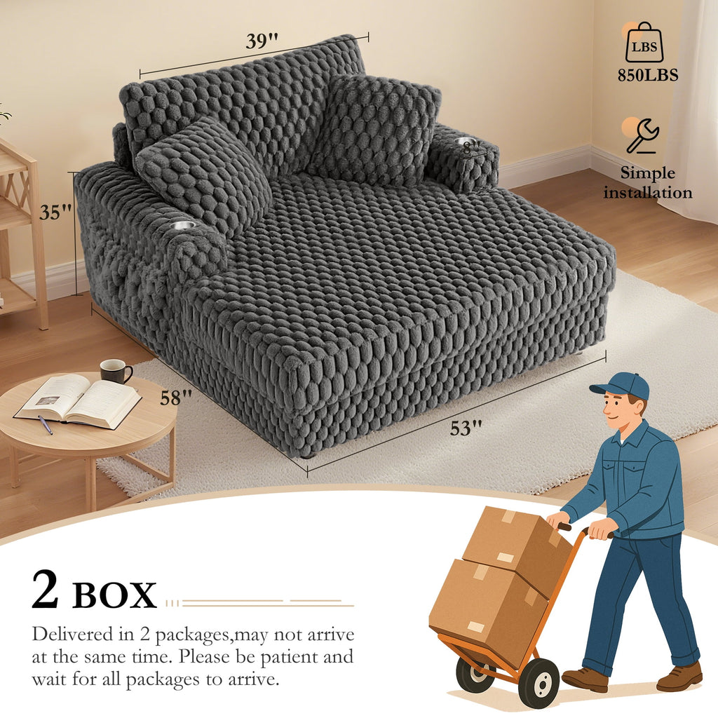 ATHOPE 67.3 Chaise Lounge Chair Indoor, Corduroy Couch Chair with Pillows, Comfy Reading Chairs with Wide Arms, Upholstered Sleeper Sofa for Living Room, No Assembly Required, Gray