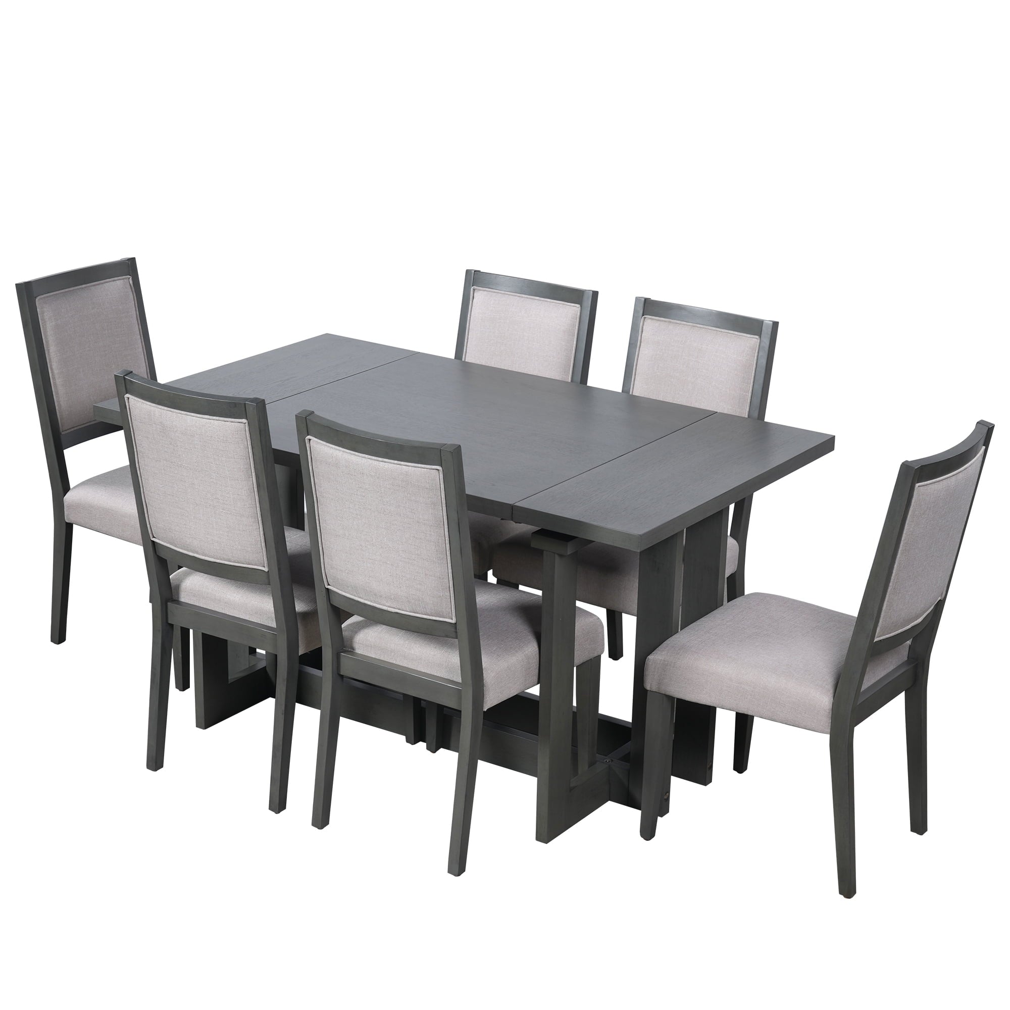 Harper & Bright Designs 7 Pieces Retro Dining Set for 6, Wood Rectangular Table with Designed Trestle Base and 6 Upholstered Chairs for Dining Room and Kitchen, Grey