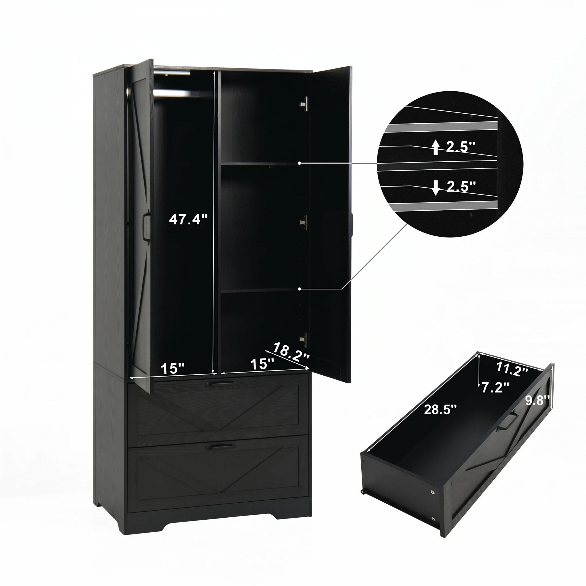 AISWORD 60 Tall Metal Wardrobe Cabinet with 1 Drawer and Hanging Rod, 2 Doors Closet with Adjustable Shelf, White