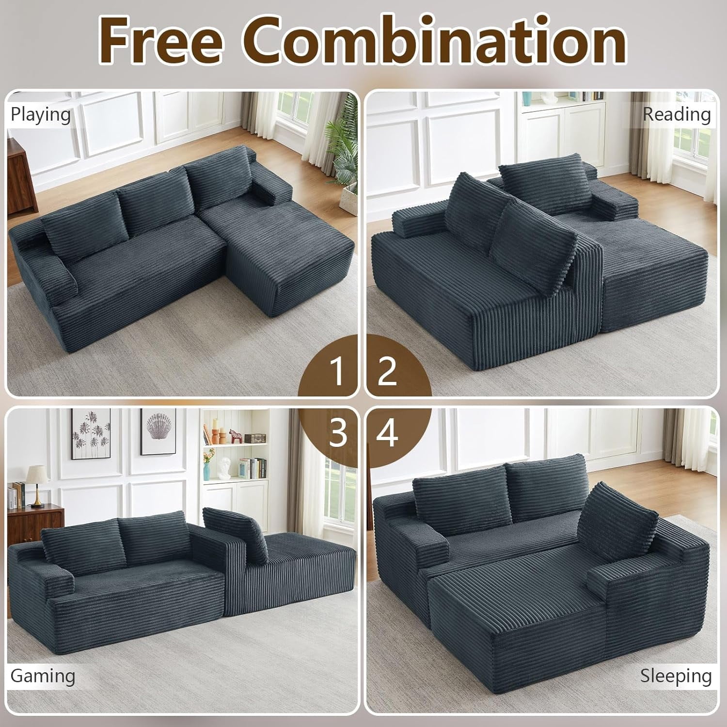 96 Boneless Cloud Couch with Chaise, Modular Sectional Sofa for Living Room, No Assembly Required, Deep Seat Corduroy Couch, Green