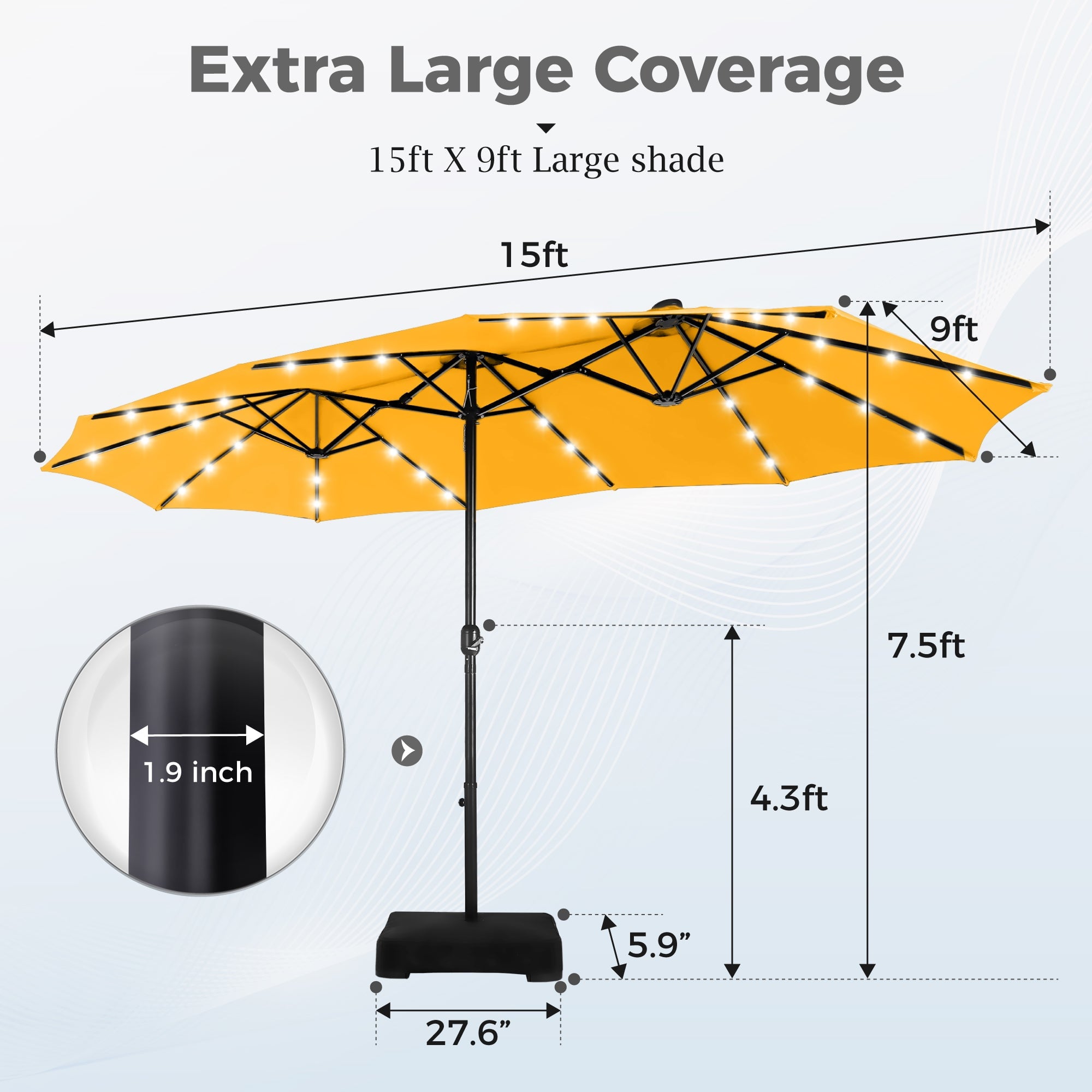 Alpha Joy 15ft Extra Large Outdoor Patio Double-Sided Umbrella with LED Solar Lights & Umbrella Base, Beige