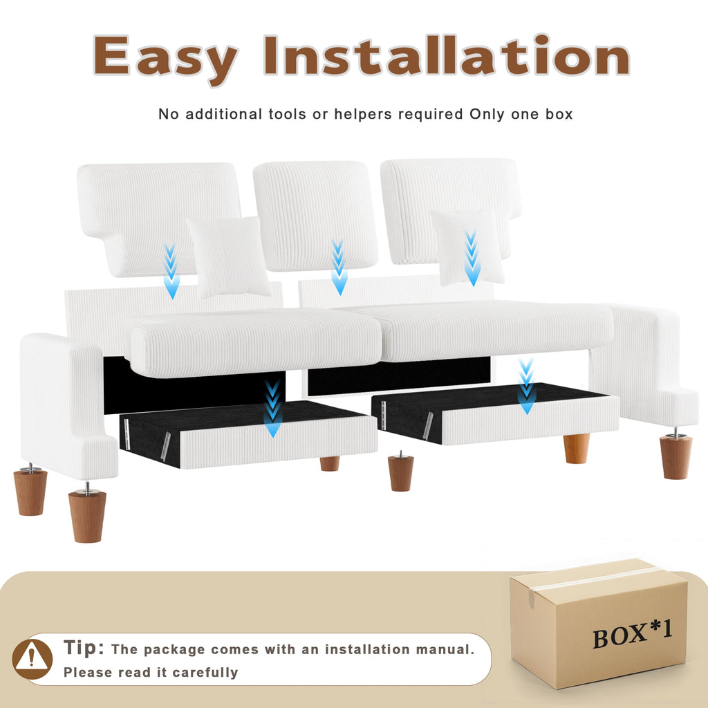AAQZ 87 Corduroy Sofa Couch for Living Room, 3 Seater Deep Seat Comfy Couch in a Box, 2 Cushions, 2 Pillows Tool-Free Setup,Gray