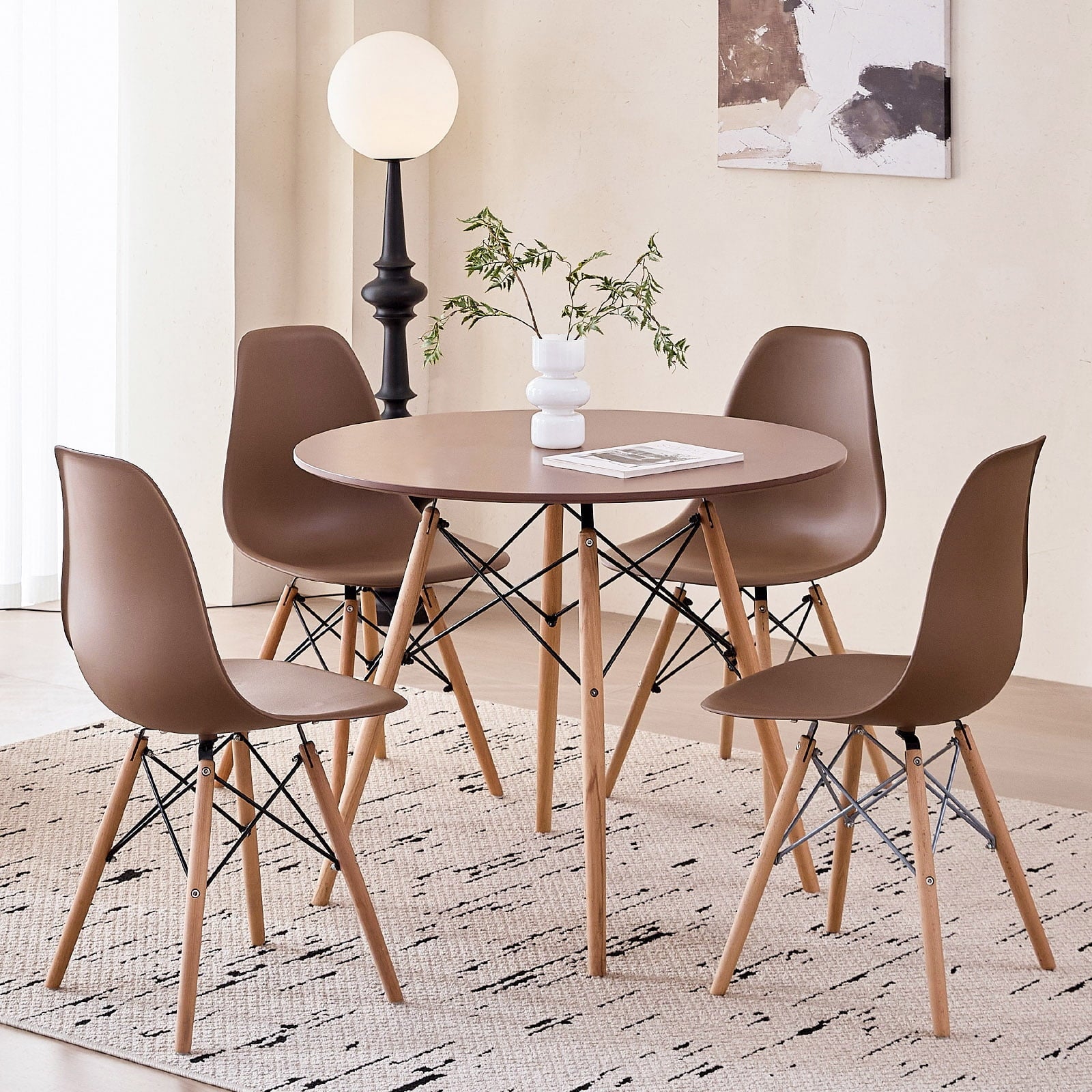 5-Piece 35.5'' Round Dining Table Set for 4, Kitchen Table Chair Set of 4, Mid-Century Modern Dinette Dining Room Table Set Dinner Table for 4 W/Solid Wood Legs, White
