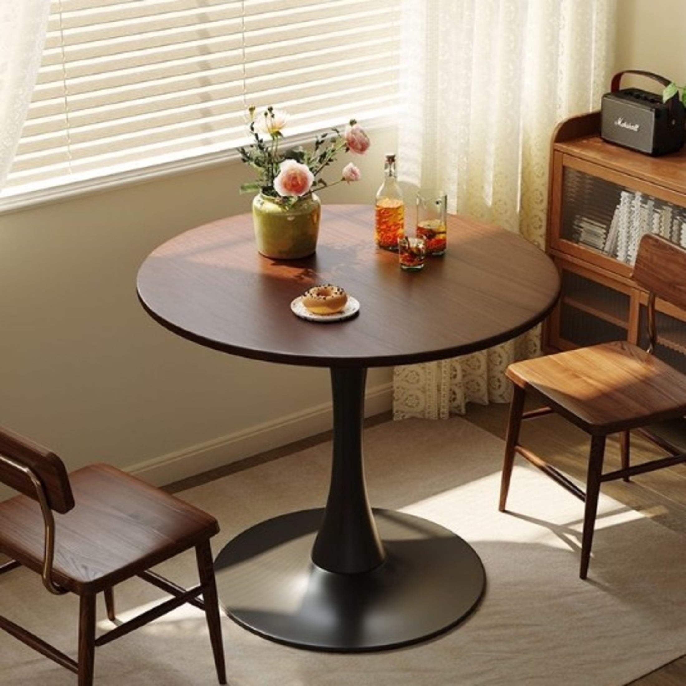 GDF Studio 24 Round Modern Dining Table, Wooden Top Tulip Table with Steel Pedestal Base, Kitchen Table, Walnut