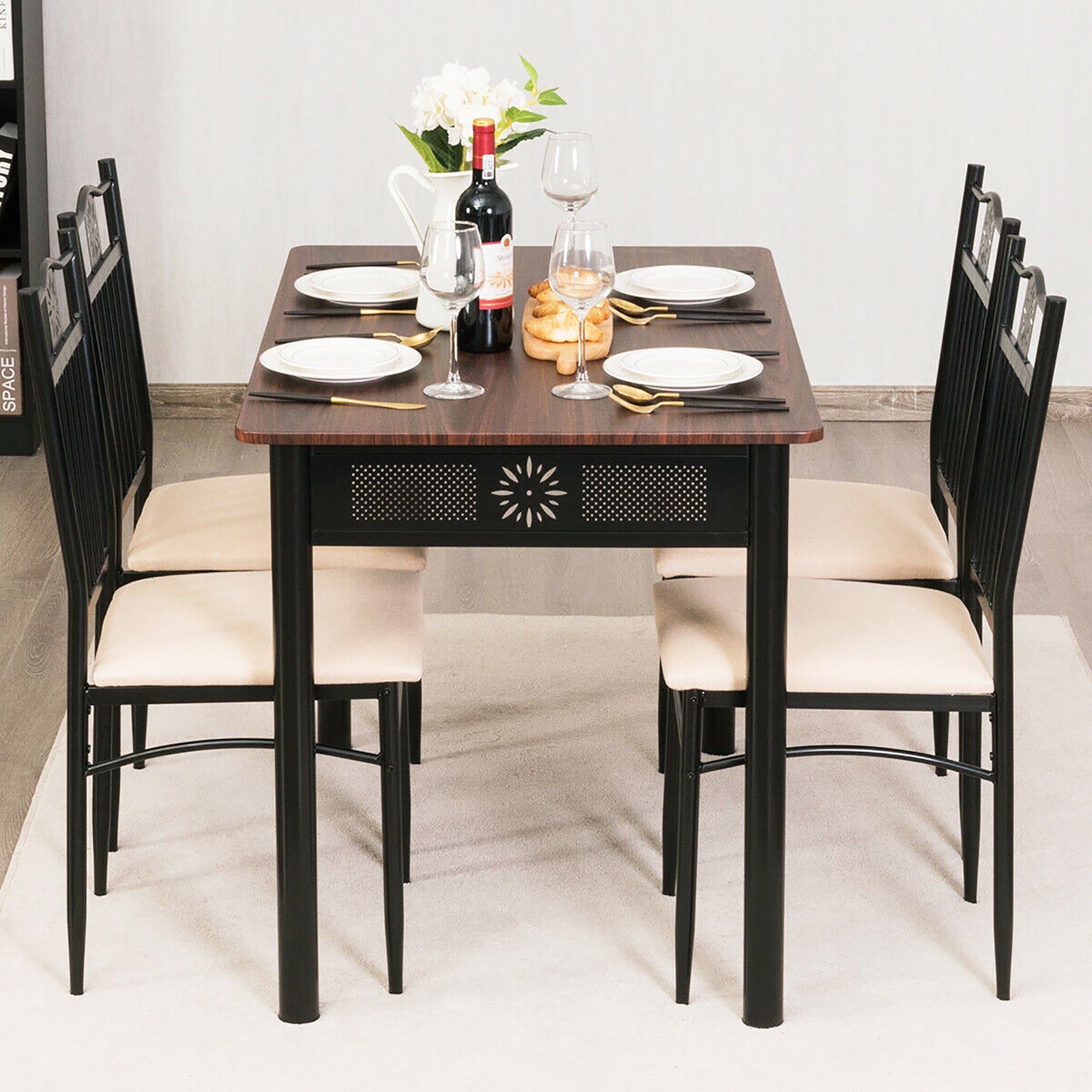 Costway 5PCS Dining Set Metal Table & 4 Chairs Kitchen Breakfast Furniture Black