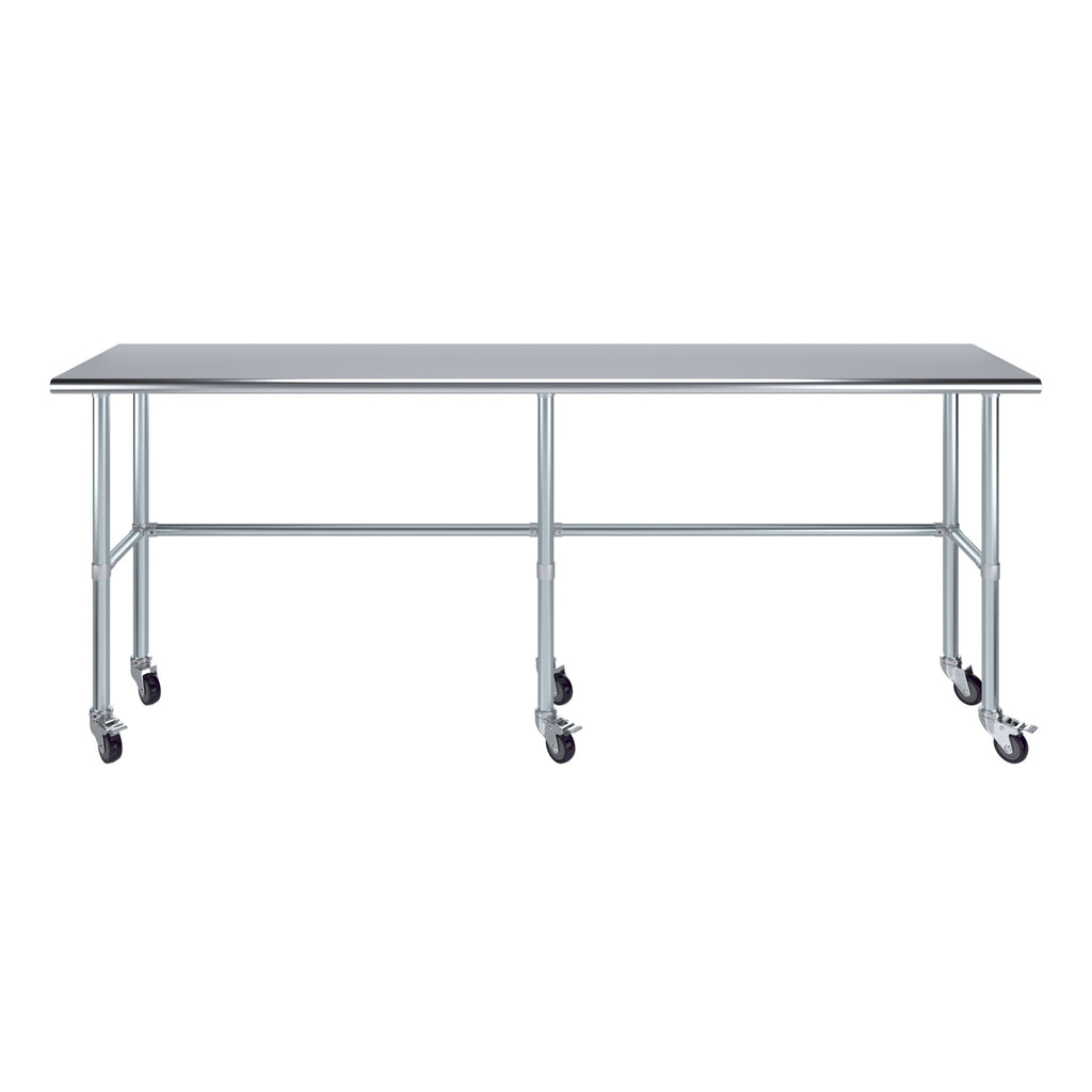 AmGood 36 Long x 30 Deep Stainless-Steel Work Table with Open Base and Wheels, Mobile Metal Table