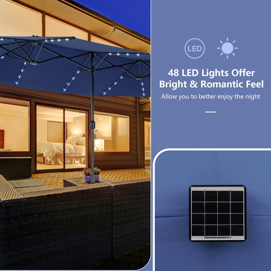 Gymax Outdoor 15' Double-Sided Patio Umbrella 48 Solar LED Lights Crank & Base Coffee