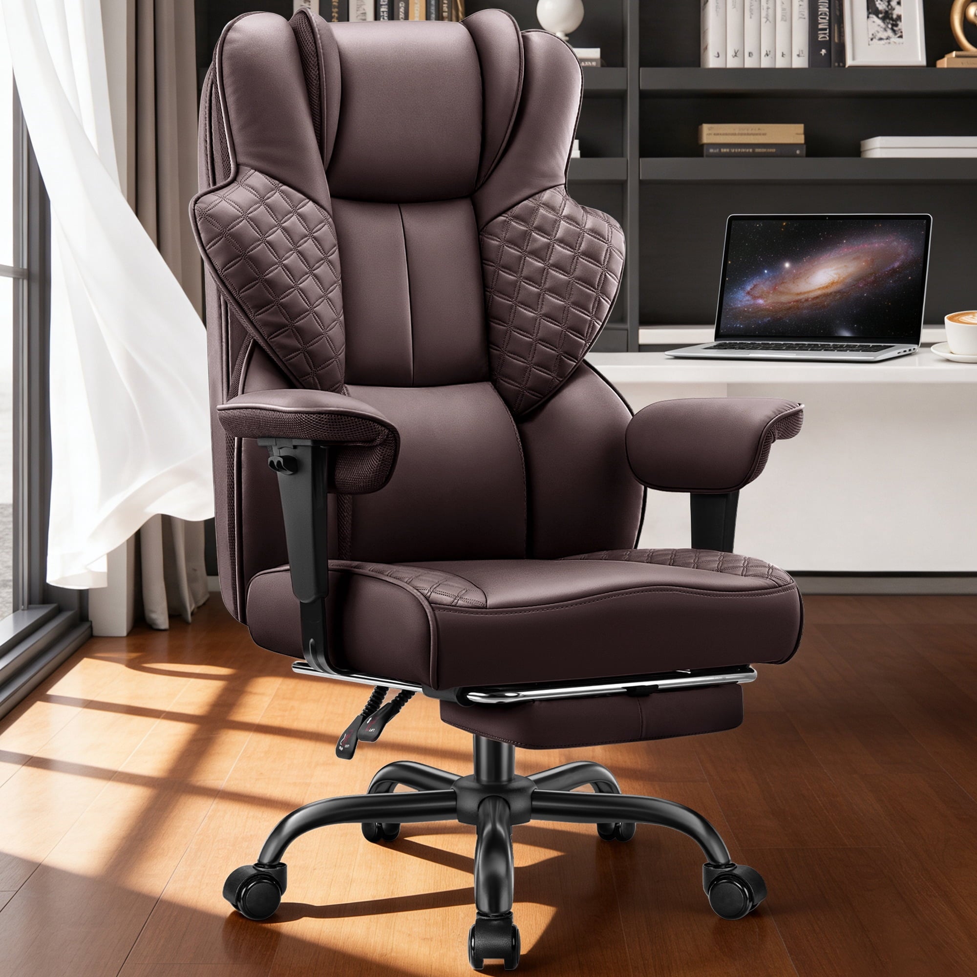 COOLHUT Big and Tall Office Chair 500lbs, Heavy Duty Ergonomic Office Desk Chair with Deluxe Embossing PU Leather with Footrest, Executive Gaming Chair with Lumbar Support, Brown