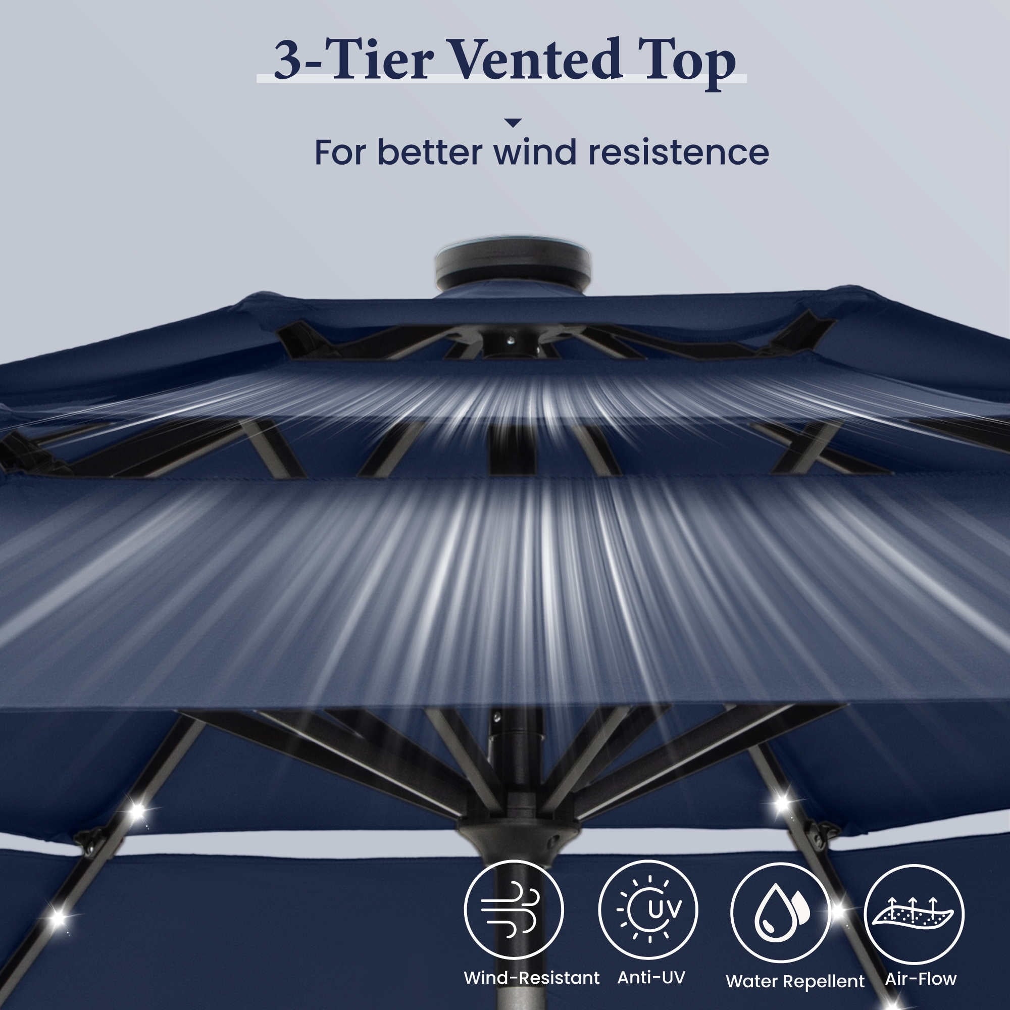 Summit Living 10ft Patio Umbrella with Solar Lights 3-Tier Vented Outdoor Market Umbrella with Auto-Tilt – Beige