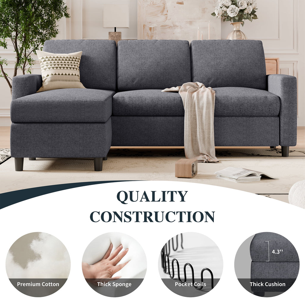 Walsunny 73.6 Convertible Sectional Sofa Couch, L-Shaped 3-Seat Sofa Couch with Reversible Chaise for Small Space,Dark Gray