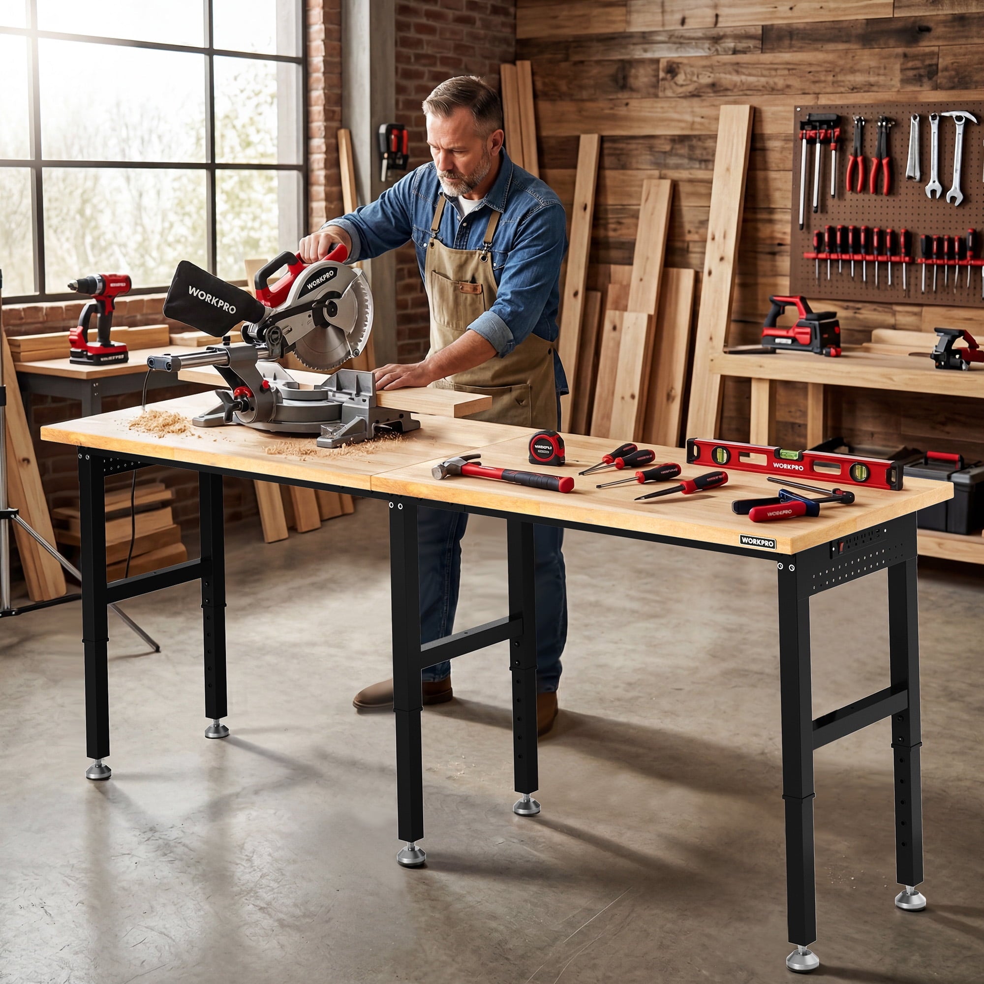 WORKPRO 96x24 Large Workbench with Adjustable Height and Power Outlet, 4000 LBS Load Capacity Heavy-Duty Work Table for Garage, Workshop, Home