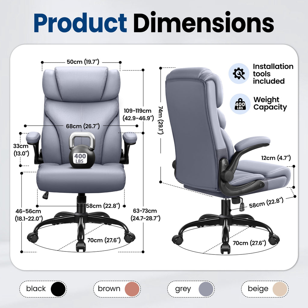STACOO High Back Executive Office Chair 400lbs, Big and Tall Ergonomic Desk Chair with Lumbar Support & Flip-up Armrests, PU Leather Swivel Chair with Adjustable Height – Brown
