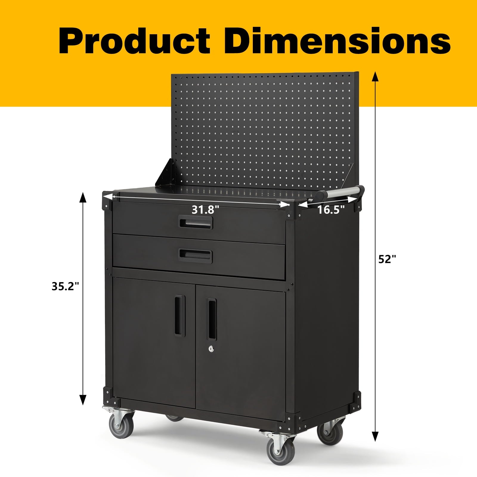 Danrelax 52 Mobile Workbench with Pegboard, 2 Drawers, Lockable Cabinet, Heavy-Duty Steel, 220 lb Capacity, 4 Locking Wheels