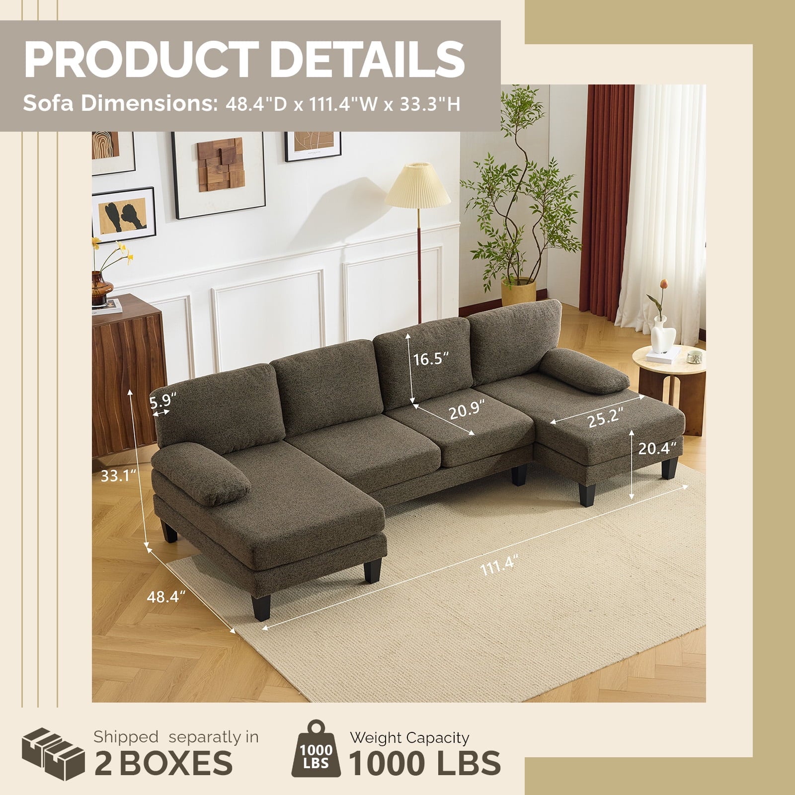 Ktaxon U-Shaped Sectional Sofa Set with Chaise, 4-Seater Blended Chenille Couch for Living Room, Apartment, Easy Assembly Khaki