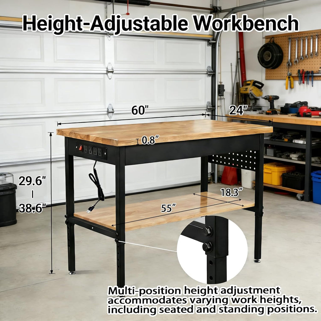 60 Inch Adjustable Workbench with Power Outlet, 2500 LBS Heavy Duty Double-Layer Workbench with Hardwood Top, 6-Level Height Adjustable Garage Work Table with Wheels, Rolling Workstation for Workshop