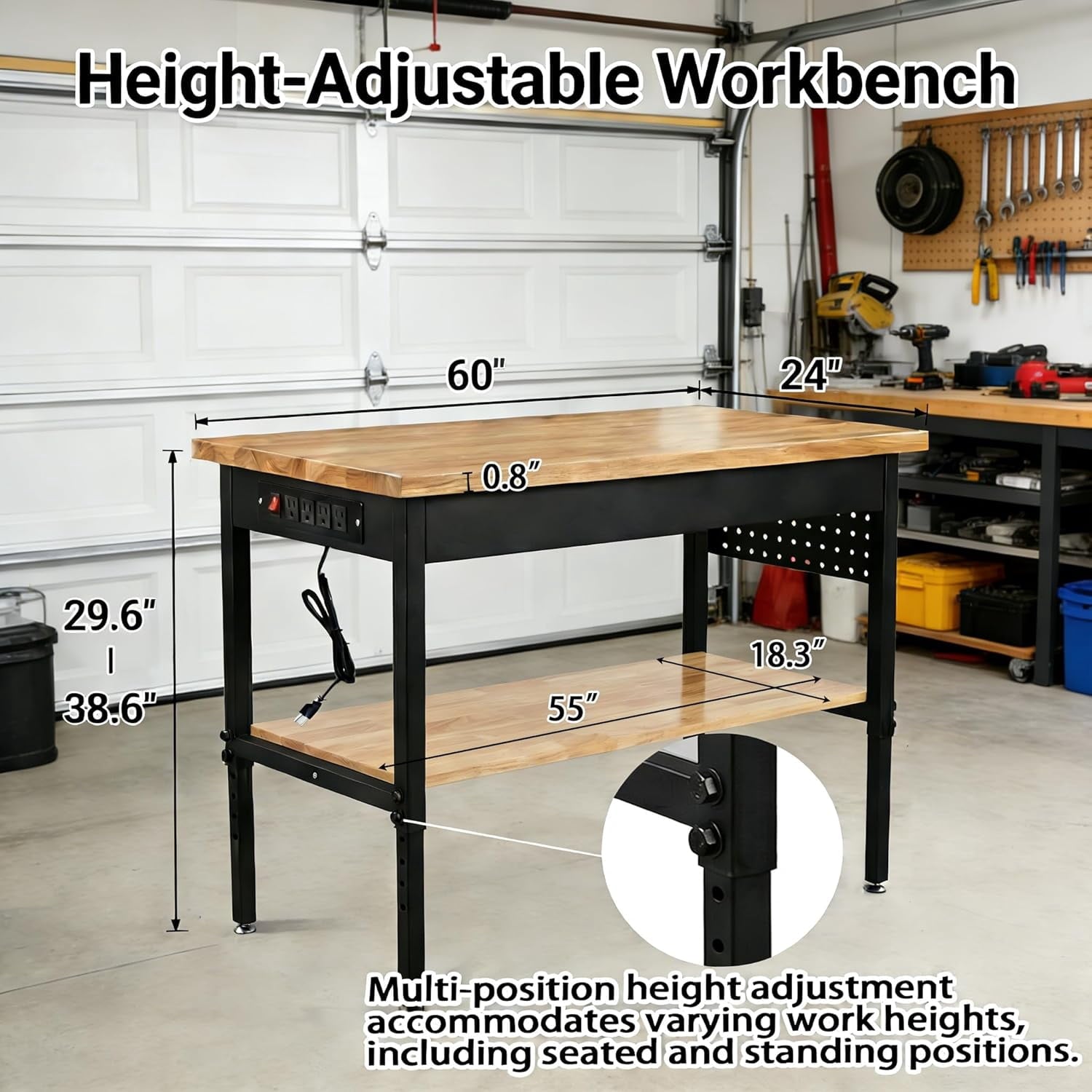 60 Inch Adjustable Workbench with Power Outlet, 2500 LBS Heavy Duty Double-Layer Workbench with Hardwood Top, 6-Level Height Adjustable Garage Work Table with Wheels, Rolling Workstation for Workshop