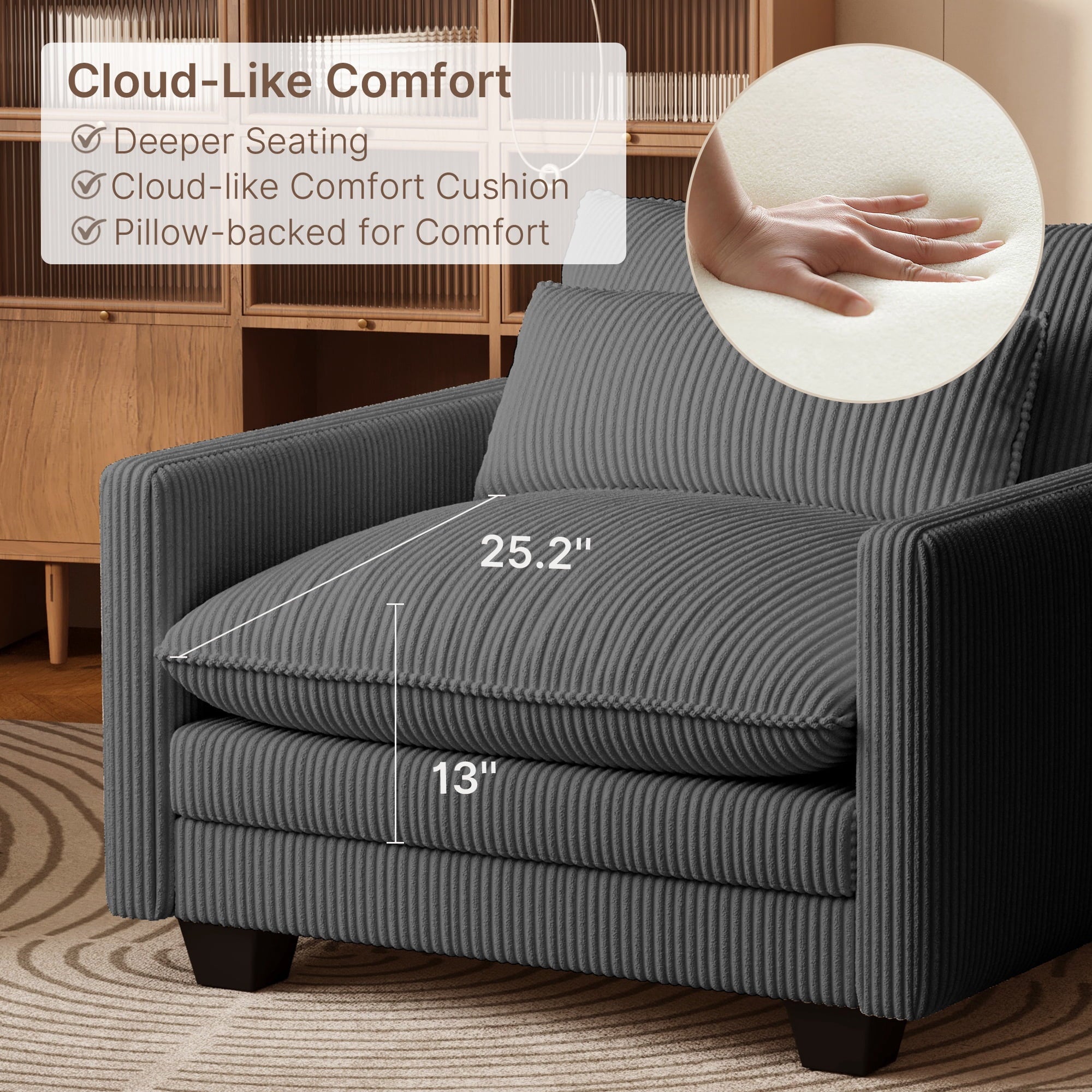 Asofer 31 Cloud Accent Sofa With Washable Cover, Single Corduroy Chair with Deep Seat Upholstered Cushion for Apartment,Dark gray
