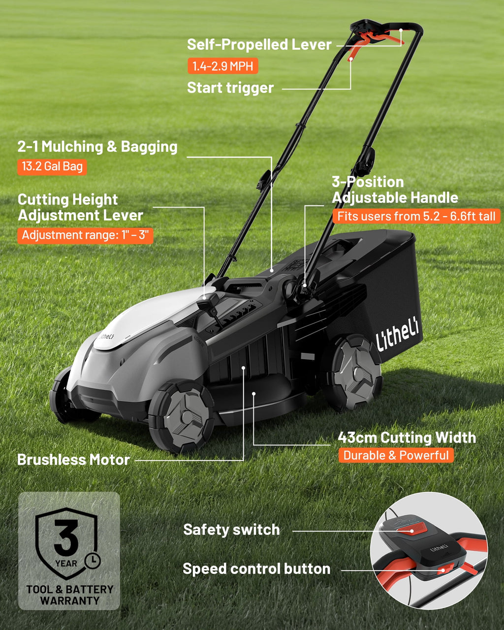 Litheli 40V Cordless Electric Lawn Mower, 17-Inch, Self-Propelled, Brushless Motor, 6-Position Height Adjustment, with 2 x 5.0Ah Battery, for Lawns & Gardens