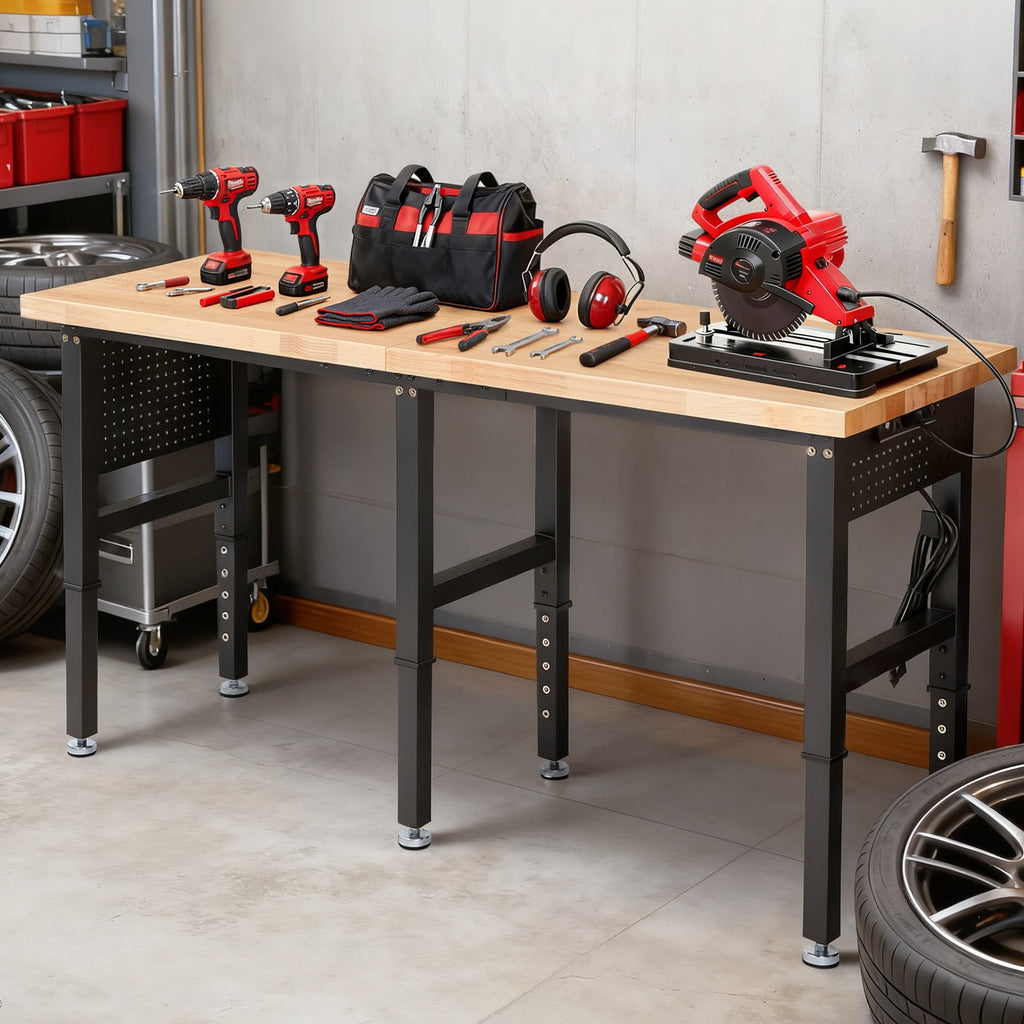 Workbench for Garage,ENJOYWOOD Heavy Duty 84 inch Wood Work Bench with Power Outlets and Peoboards,Rubber Wood Tabletop,5000 LBS Load Bearing Workstation Garage Desk Work Table