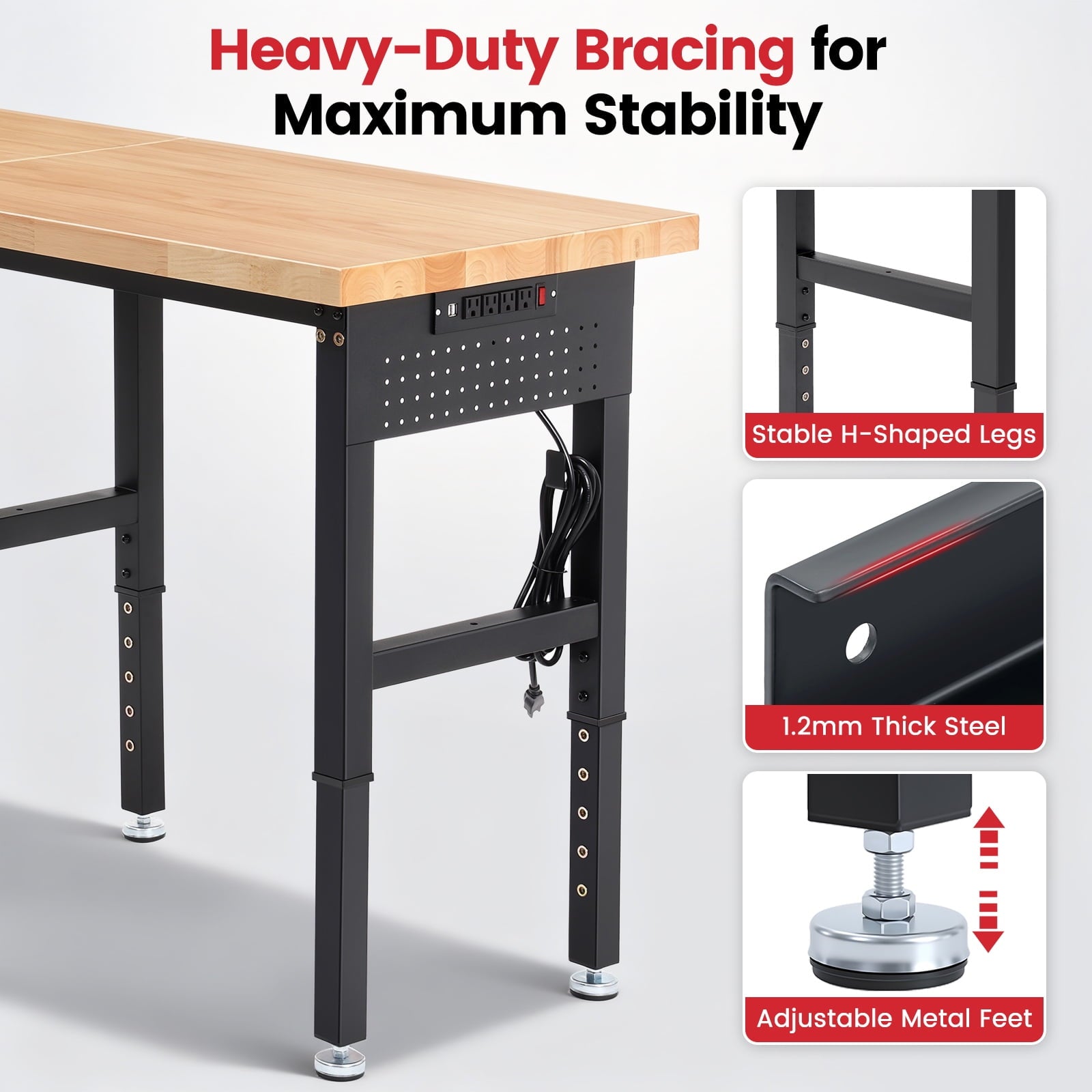 Workbench for Garage,ENJOYWOOD Heavy Duty 84 inch Wood Work Bench with Power Outlets and Peoboards,Rubber Wood Tabletop,5000 LBS Load Bearing Workstation Garage Desk Work Table