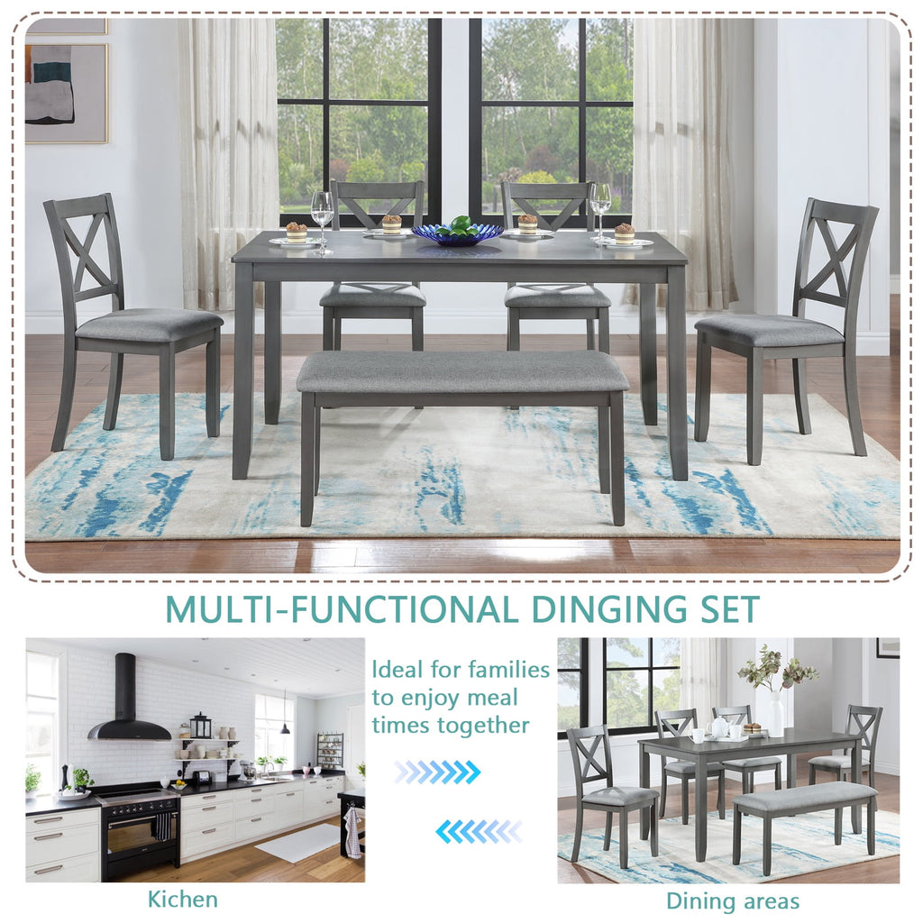 Dining Room Set, LEGAHOME 6 Piece Dining Sets with Bench and Chairs, Solid Wood Kitchen Dining Table Set for 6 with Upholstered Chairs, Gray