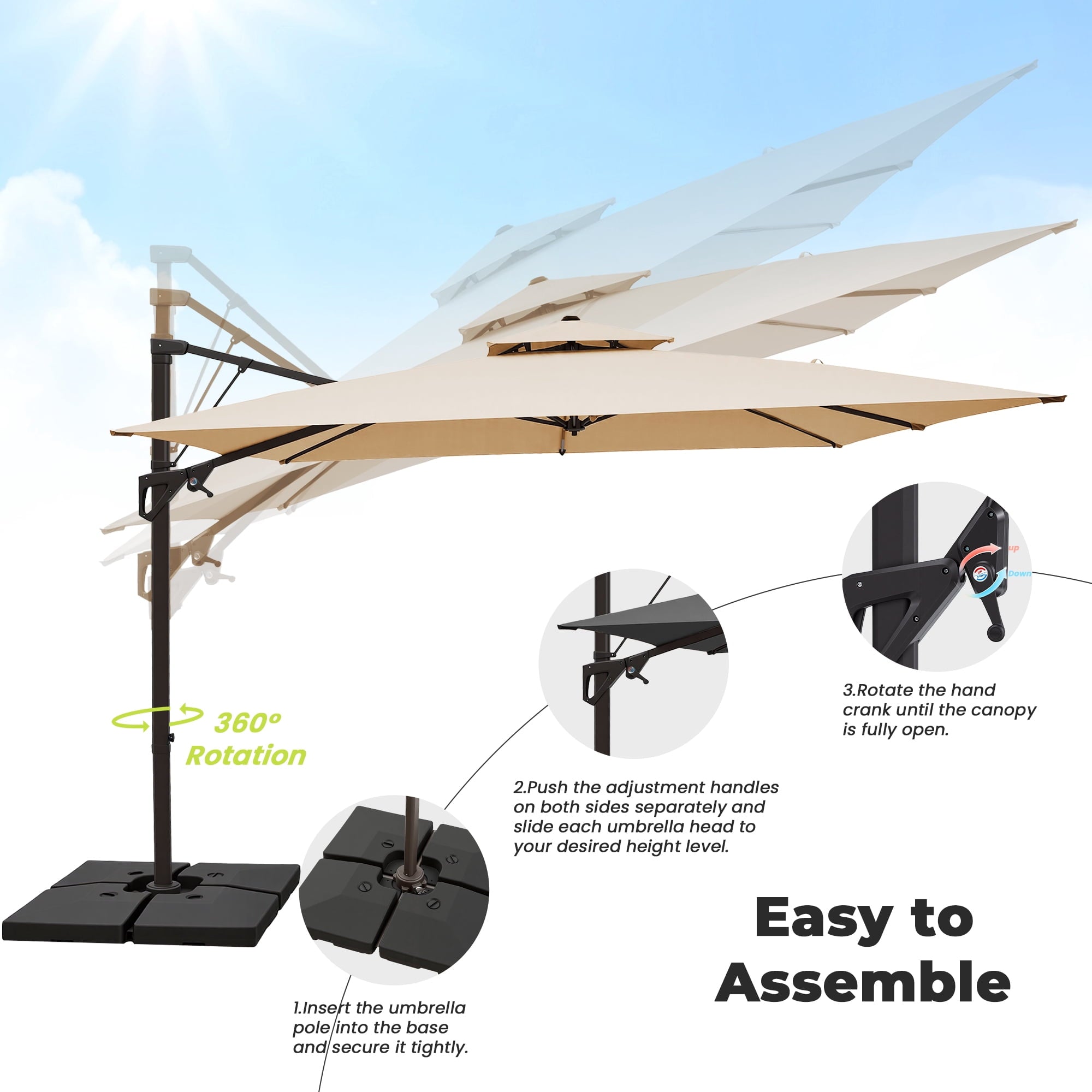FUNDAZE 10x10ft Cantilever Patio Umbrella with Cross Base & Cover, Waterproof UV Resistant for Garden Poolside Cafe & Deck, Beige