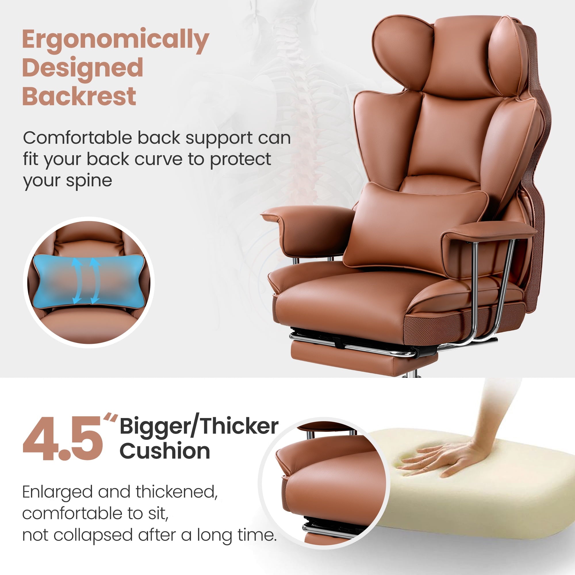 ATHOPE Executive Leather Office Chair 500lbs, Big and Tall Desk Chair with Footrest, High Back Ergonomic Reclining Computer Chair, High-Density Foam, Heavy Duty Swivel Rolling Chair, Black