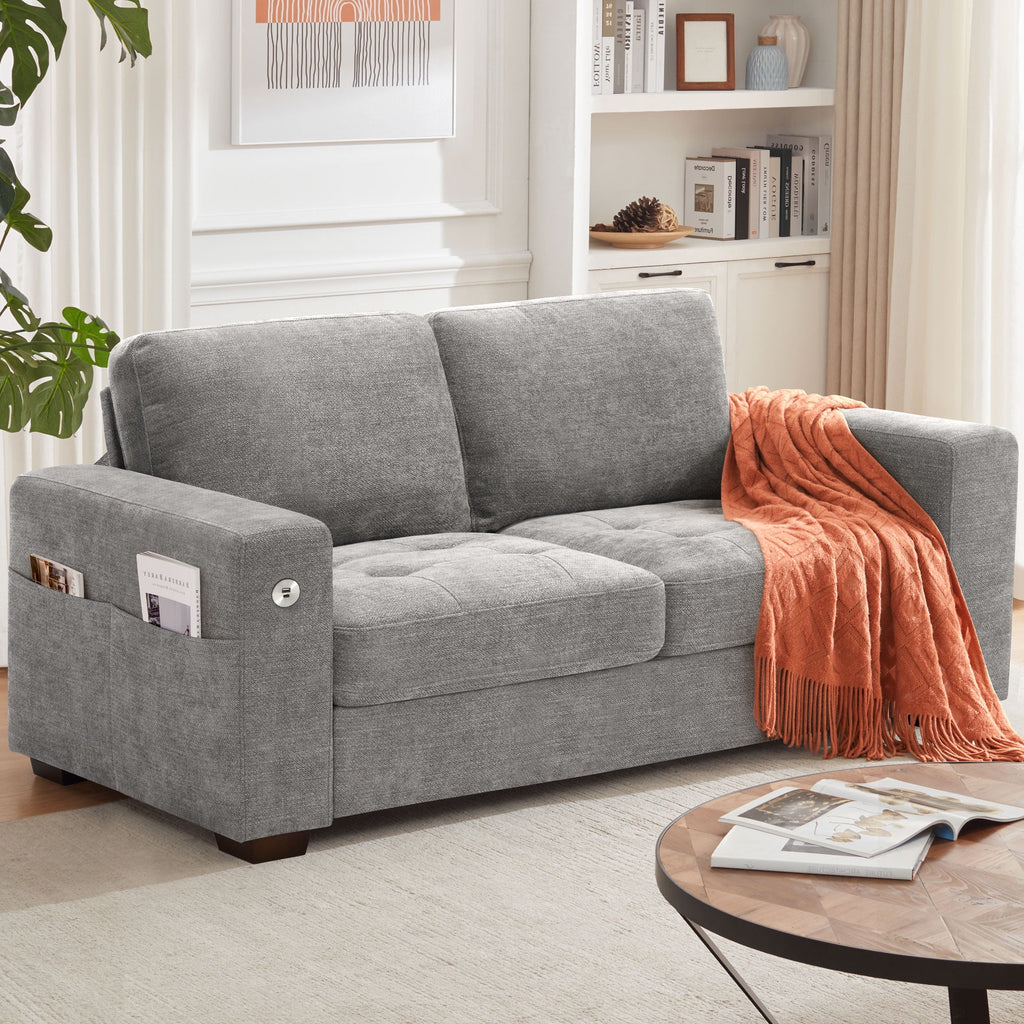 Bedluxury 89 Deep Sofa Couch with USB/Type-C Charging, Storage Pocket & Wide Armrest, Removable Cover, Seats 3 Adults, Chenille Beige