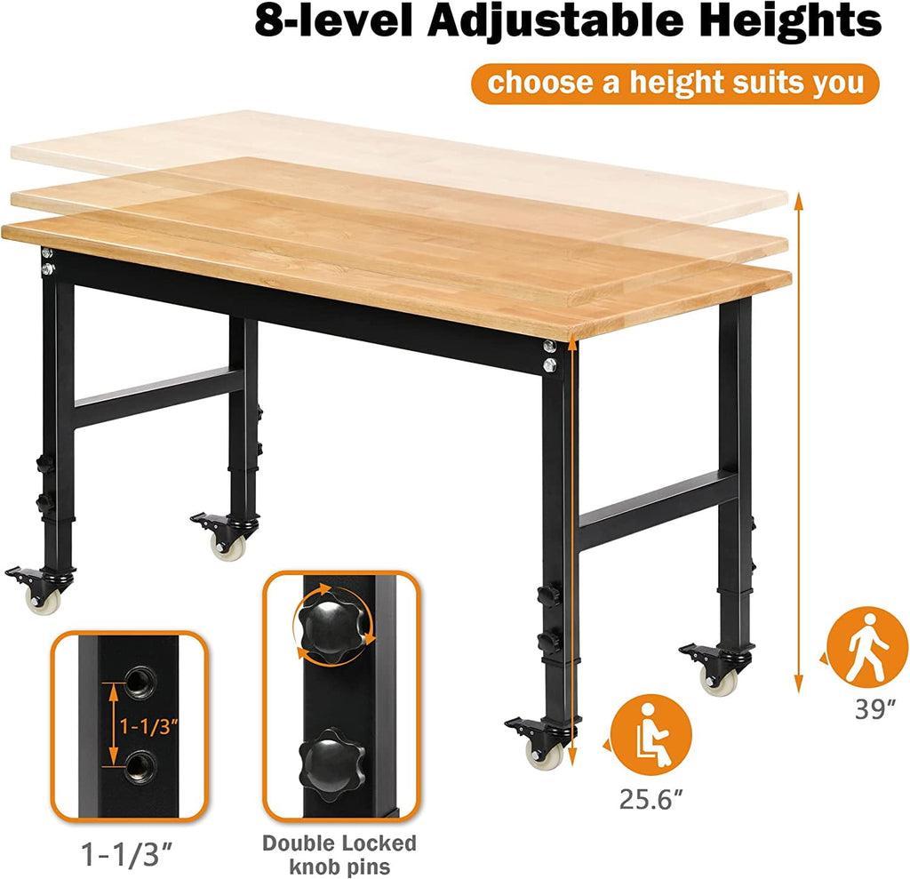 Tolead 60 Heavy-Duty Adjustable Workbench with Power Outlets, Rubber Wood Shop Table, Metal Wheels, Workstation