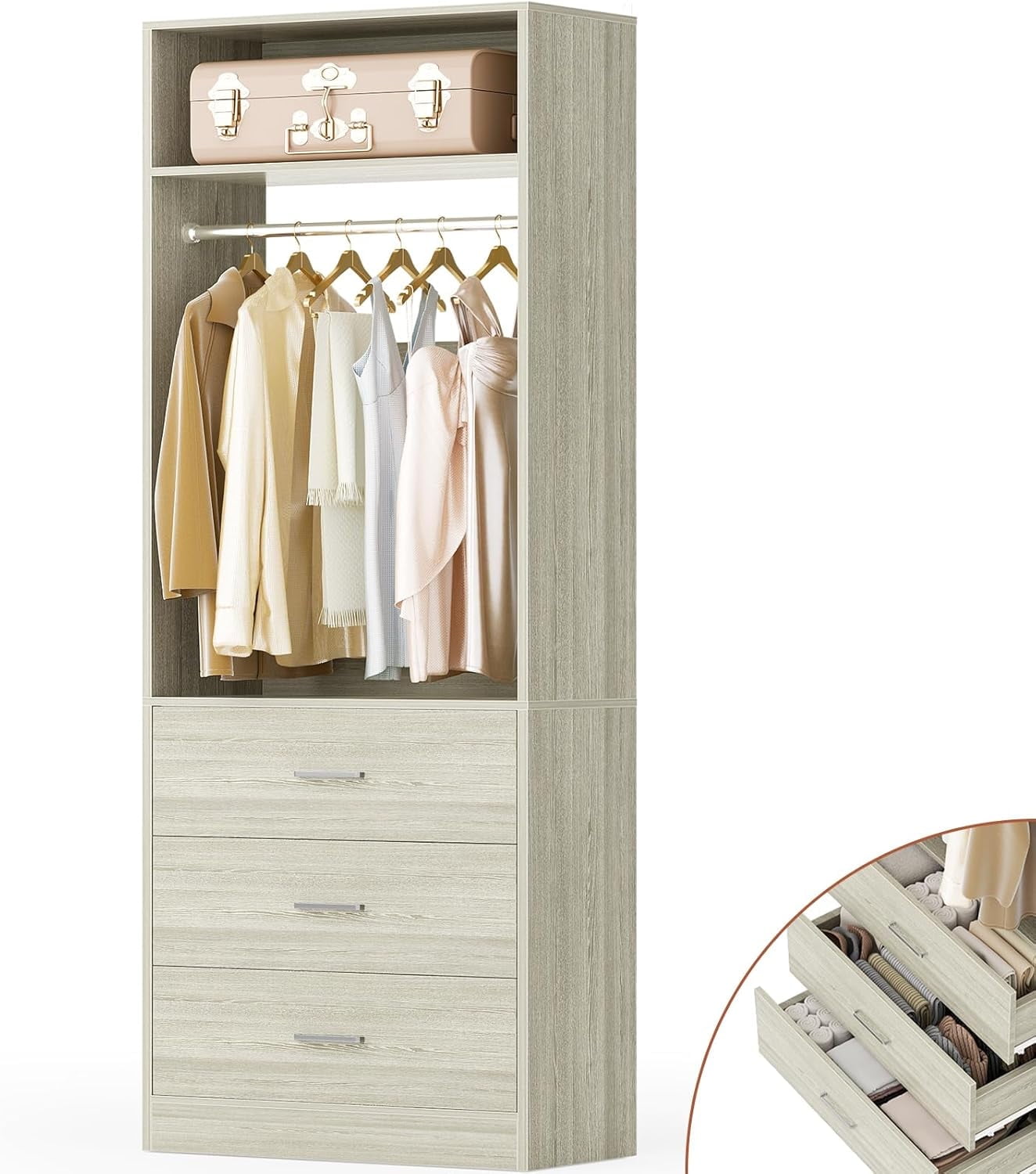 Homieasy Freestanding 2FT Closet System with 3 Wood Drawers, 24 Closet Organizer System with Hanging Rod & Shelves, Walk-in Closet Systems for Small Closets, White