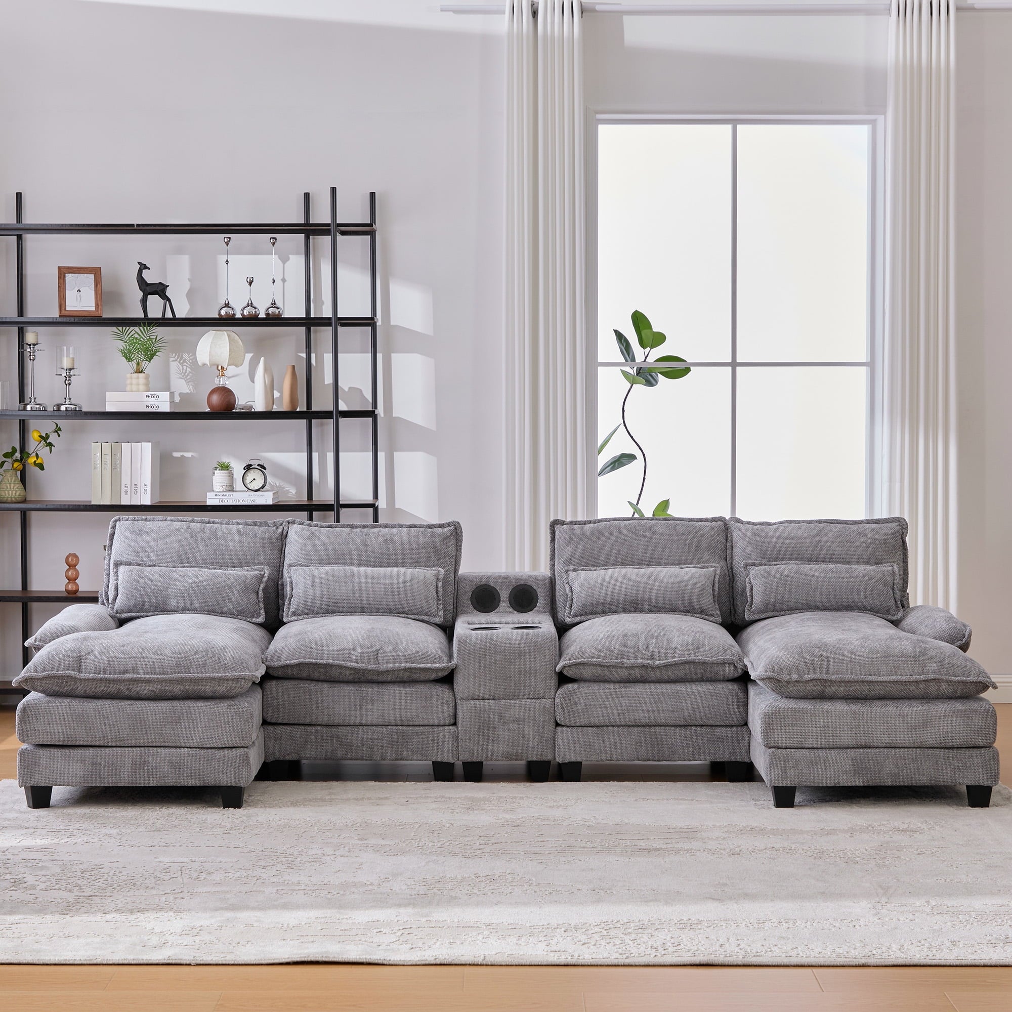 Villeston 126.77 U-Shaped Cloud Sofa With Chaise Lounge, Chenille Sofa With Wireless Charging, Bluetooth Speaker, Two Cup Holders, Storage Drawer, Suitable For Living Room,Gray