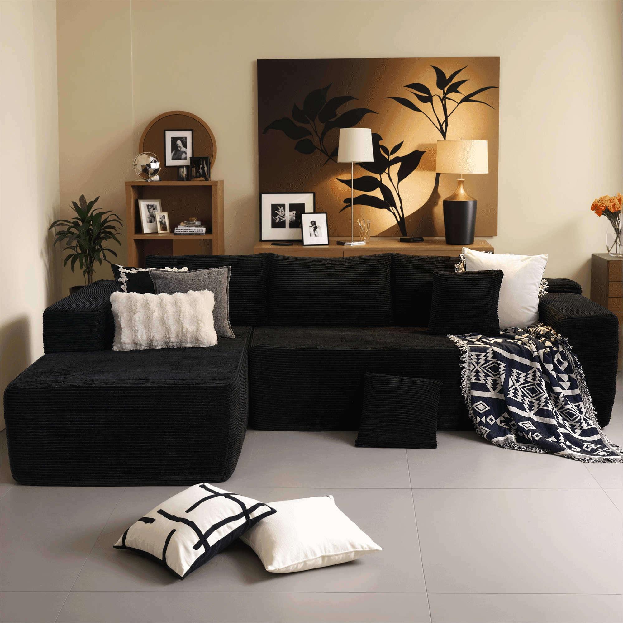Ovios 106 Cloud Sofa Couch No Assembly Boneless Deep Seat Sofa for Living Room, Black (Corduroy)