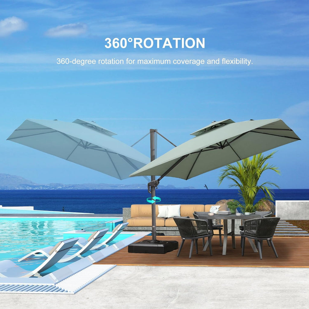 PURPLE LEAF Cantilever Umbrellas 12FT Square Large Patio Umbrella Offset Umbrella with 360°Rotation Tilting And Hanging Double Top, Grey
