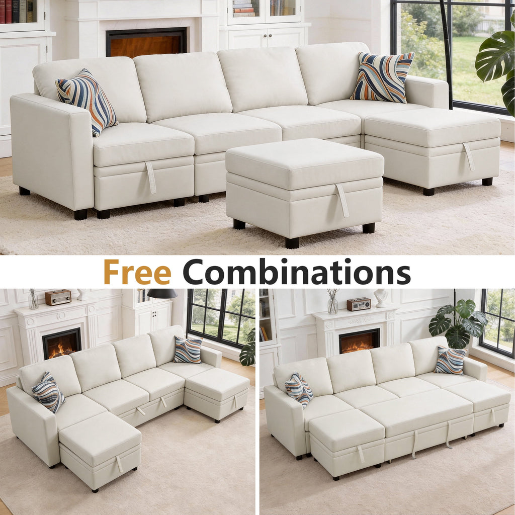 AENKYO 102 U-Shaped Sectional Sofa Bed, Linen Pull Out Sleeper Couch with Storage Seats for Living Room，White