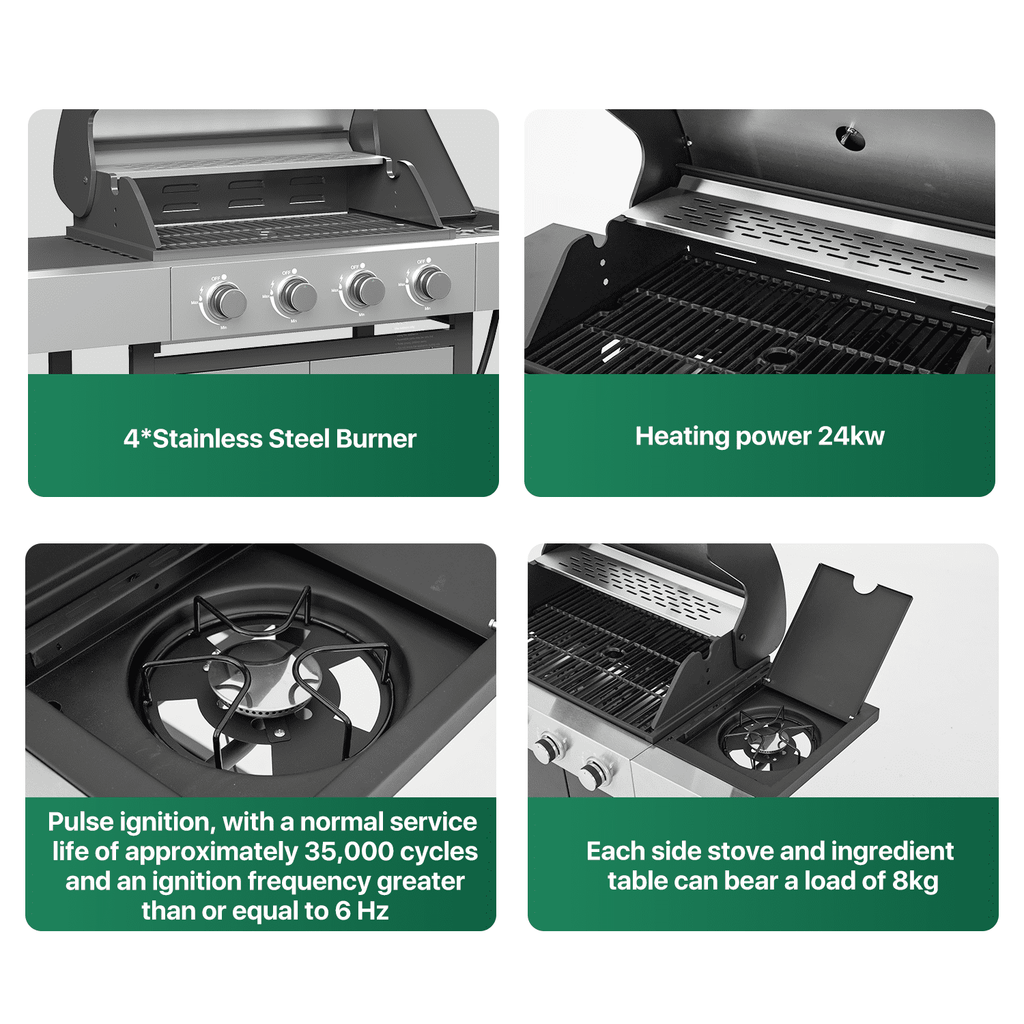 Clouddwell 4 Burner Gas Propane Grill, with 4 Casters, Side Table, and Thermometer, Patio Garden BBQ Grill Perfect for Camping, Black and Silver