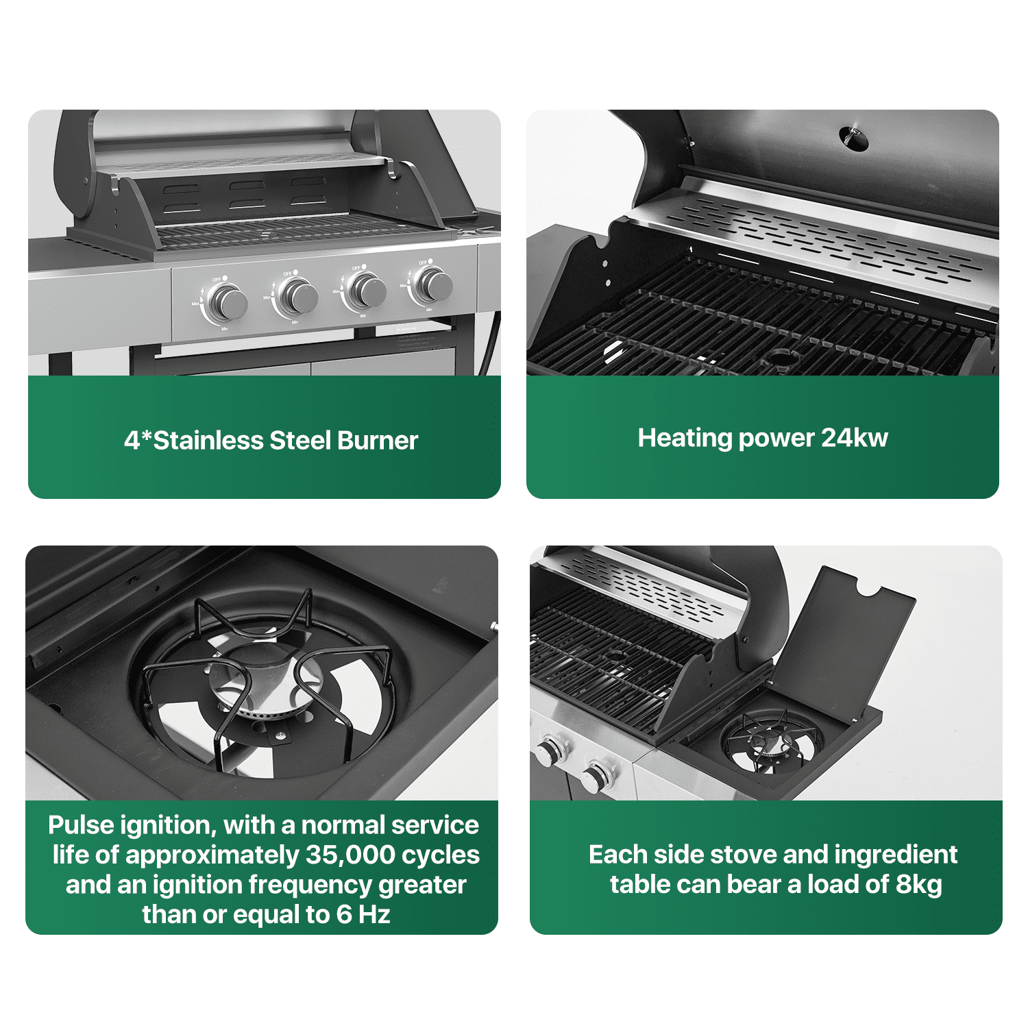 Clouddwell 4 Burner Gas Propane Grill, with 4 Casters, Side Table, and Thermometer, Patio Garden BBQ Grill Perfect for Camping, Black and Silver