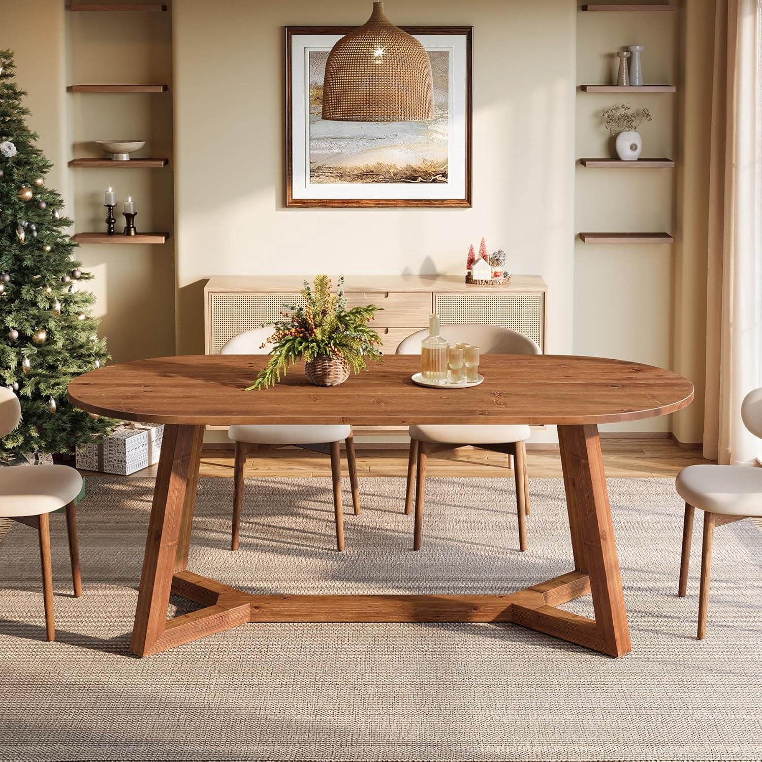 Tribesigns 63 Solid Wood Oval Dining Table, Farmhouse Kitchen Table for 4-6 People, Rusitc Wooden Dinner Table for Living Room, Dining Room (Natural Brown)