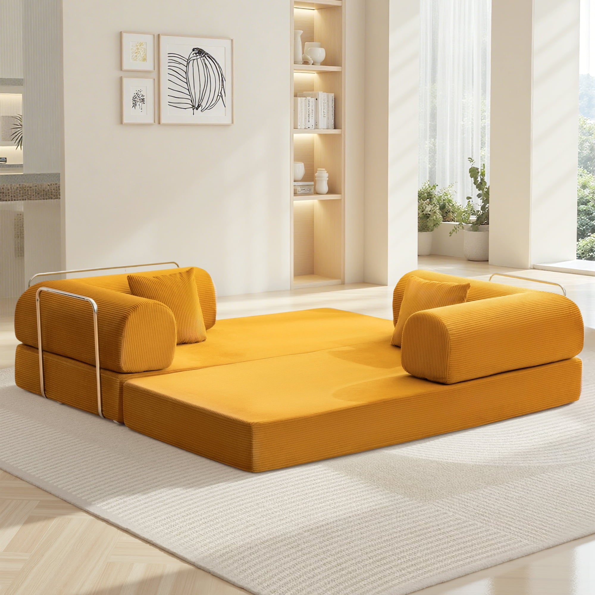 COOLHUT 63 W Combination Sofa, High Rebound Density Foam Sofa Couch, Two Forms Floor Couch Three Seats Sofa Bed for Living Room, Bedroom, Green