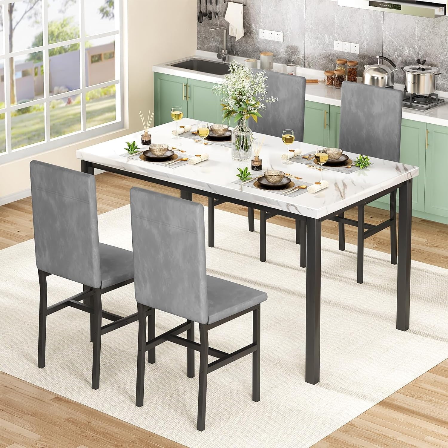Cvortll 5 Piece Dining Table Set, Kitchen Table and Chairs Set for 4 with Faux Marble and 4 Velvet Upholstered Dining Chairs for Home, Restaurant, Black & Black