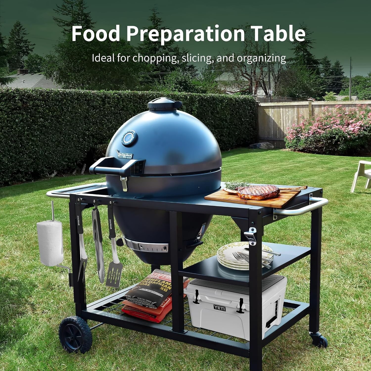 Brand Man 22 Kamado Charcoal Smoker Grill with Rolling Cart, Warming Rack, Pizza Stone & Vegetable Basket for Outdoor BBQ