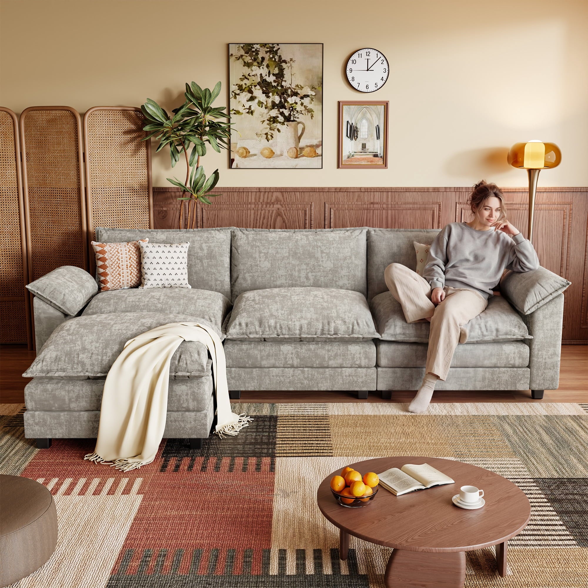 Homall 3-seat L-shaped Cloud Couch Sectional Sofa with reversible toffee chair Movable Footrest Sofa, Gray