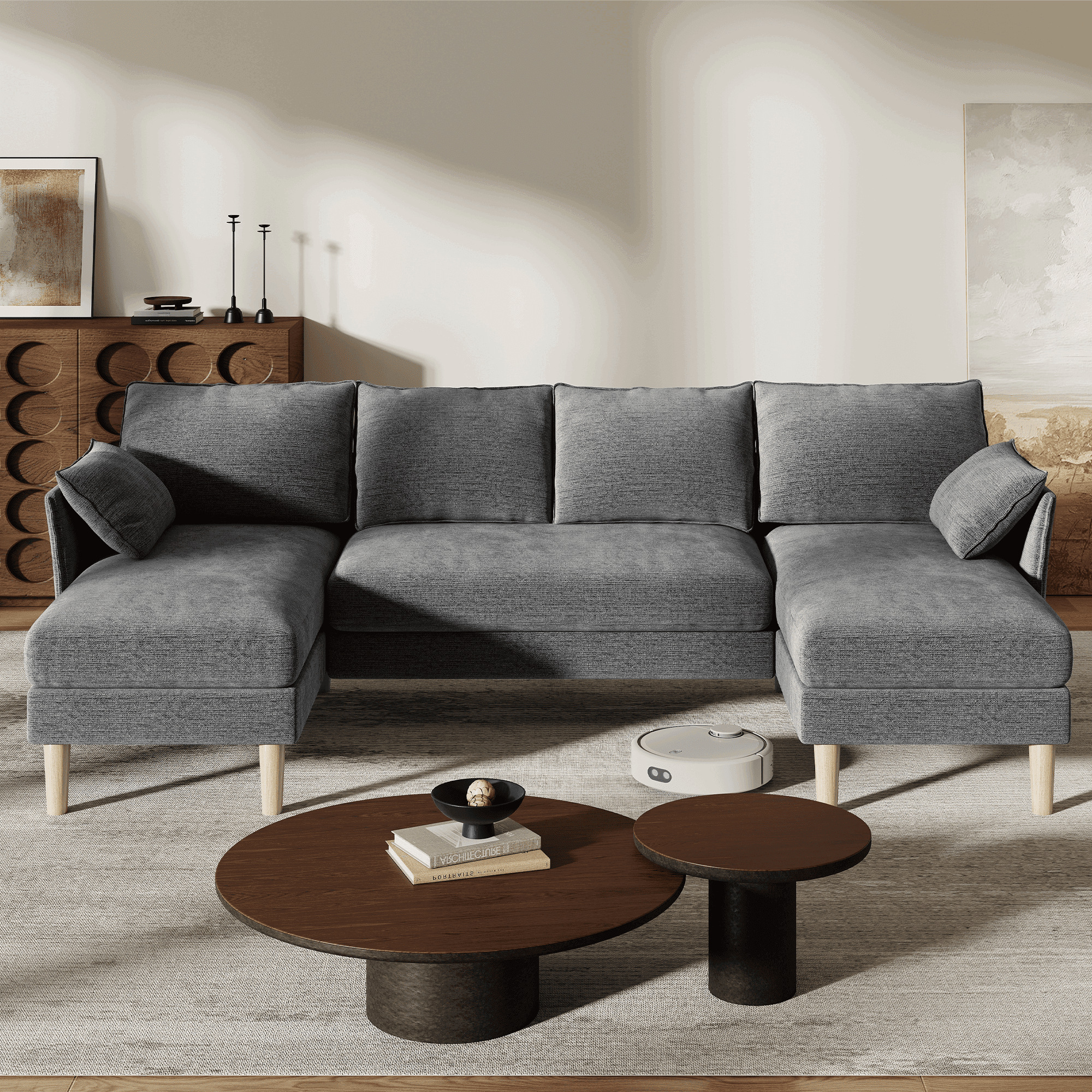 BedLuxury 100 U-Shape Sectional Sofa with Chaise, Chenille Modern Couch with High Legs for Living Room, Apartment, Beige