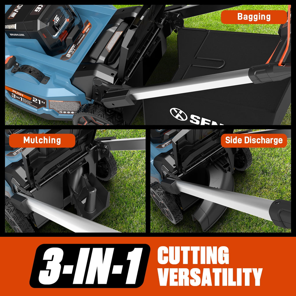 SENIX X6 60V 21 Self Propelled Lawn Mower , 8Ah Battery & Rapid 8A Charger, 3-in-1 Brushless, Smart LED Display, 7-Height Adjustment, 3-Mode, Variable Speed Push Mower
