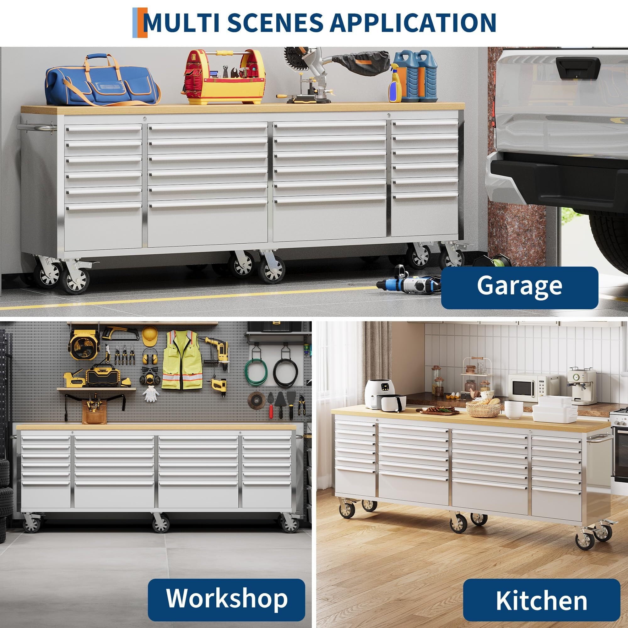 Garvee 61 Tool Chest, Rolling Workbenches with 9 Drawers and Pre-Installed Power Strip for Garage, Workshop, Kitchen