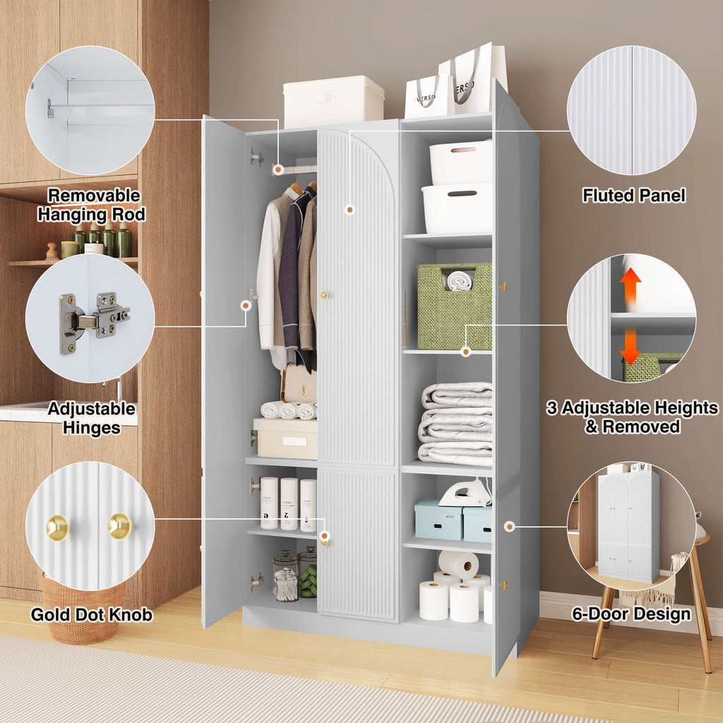 Wirrytor Freestanding Wooden Armoire Wardrobe with 2 Woven Doors and Storage Drawers, Space-Saving Closet Cabinet for Bedroom, Sturdy Mdf Board Closet with Hanging Rail