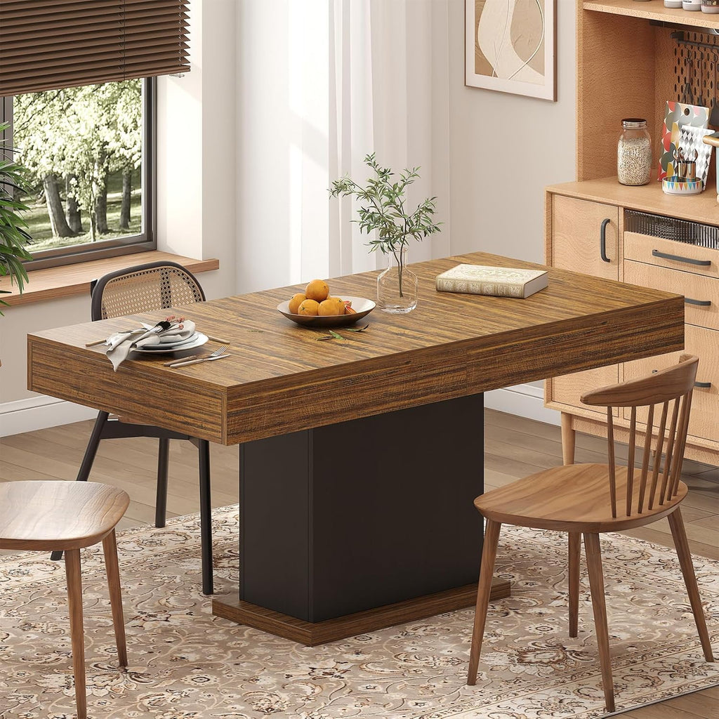 HAUXITIO 55 Inch Dining Table with LED Lights & 2 Drawers,Wooden Pedestal Base Table for 4-6 People,for Kitchen & Dining Room,White& Rustic Brown