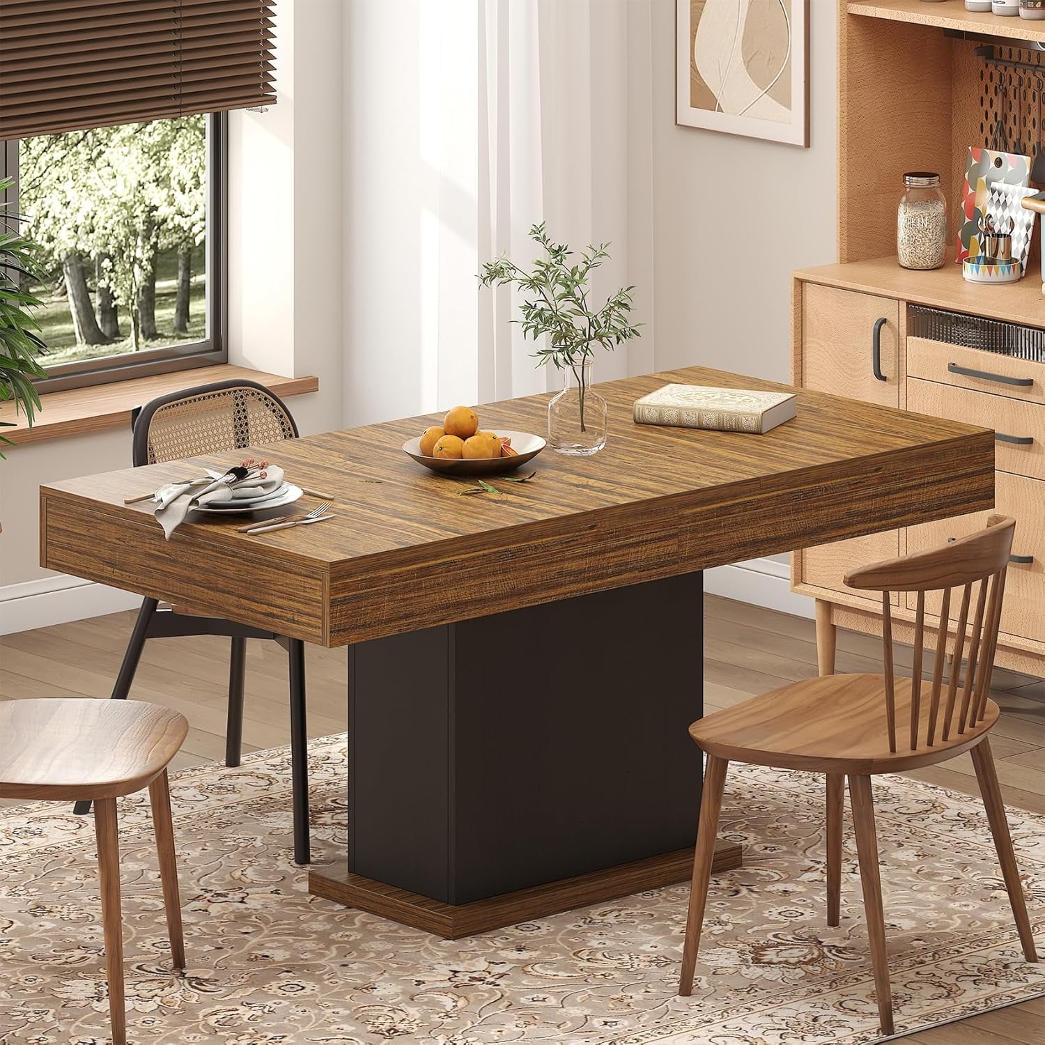 HAUXITIO 55 Inch Dining Table with LED Lights & 2 Drawers,Wooden Pedestal Base Table for 4-6 People,for Kitchen & Dining Room,White& Rustic Brown