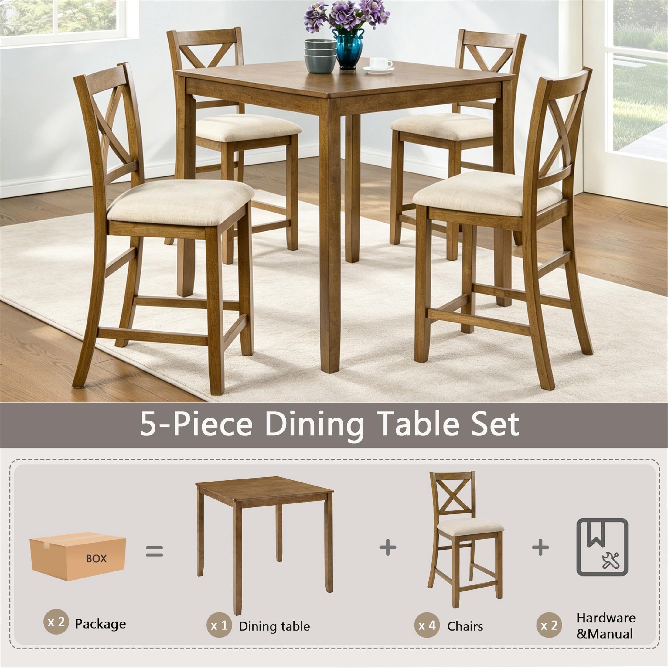 SESSLIFE Dining Table Set for 4, Counter Height Kitchen Table Set with Square Table and 4 Upholstered Chairs, Solid Wood Dining Room Set for 4, Space-Saving, Black & Oak